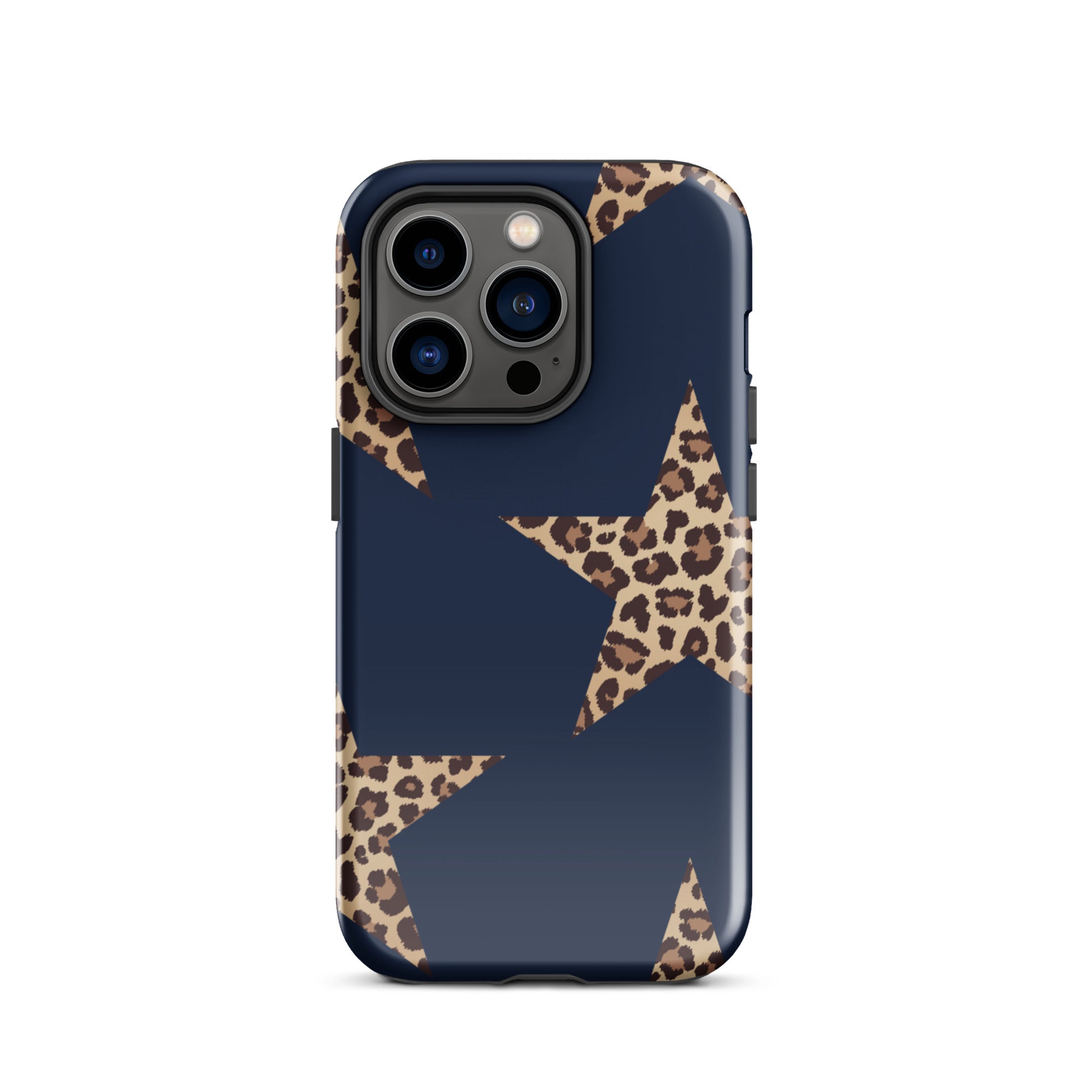 Navy Cheetah Stars iPhone Case - Leopard Star phone cover Dual Layer Bold Style with leopard print stars on navy background