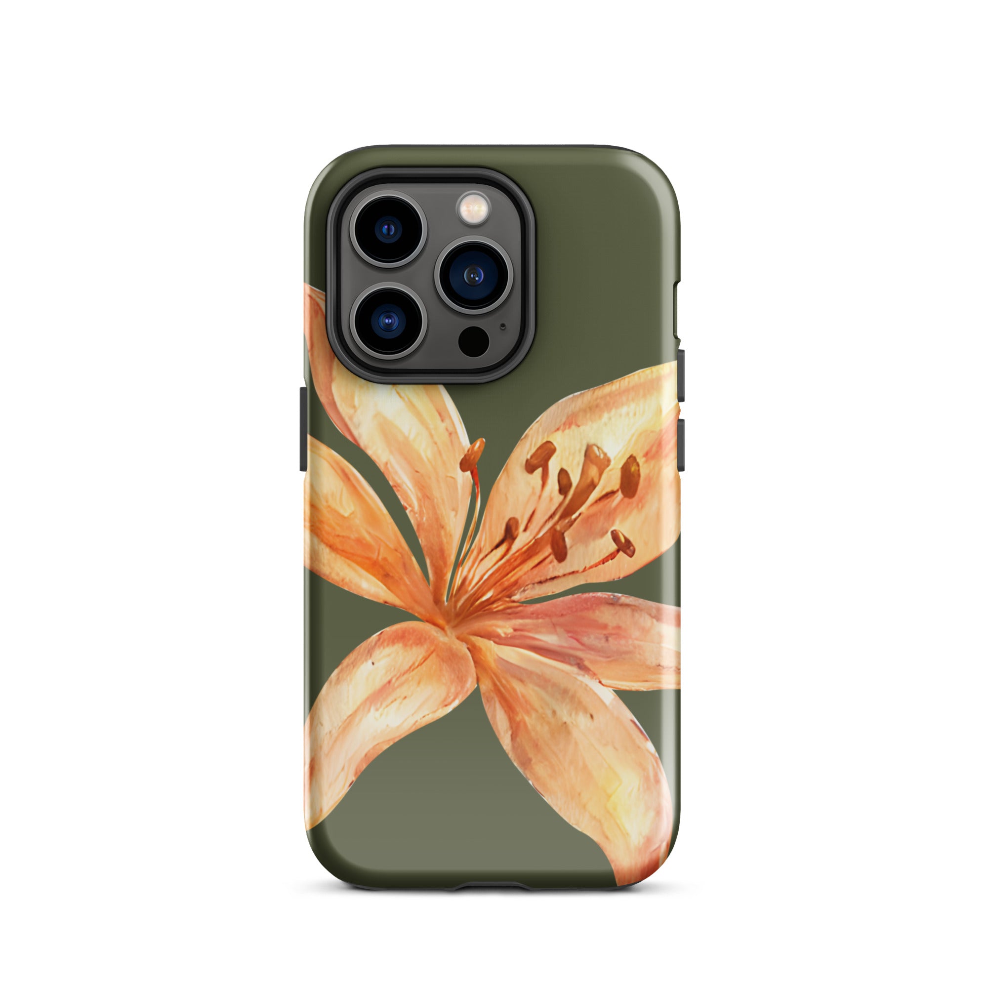 Tiger Lily IPhone Case - Botanical Art Floral y2k preppy Phone cover featuring an orange lily on olive background trendy phone case