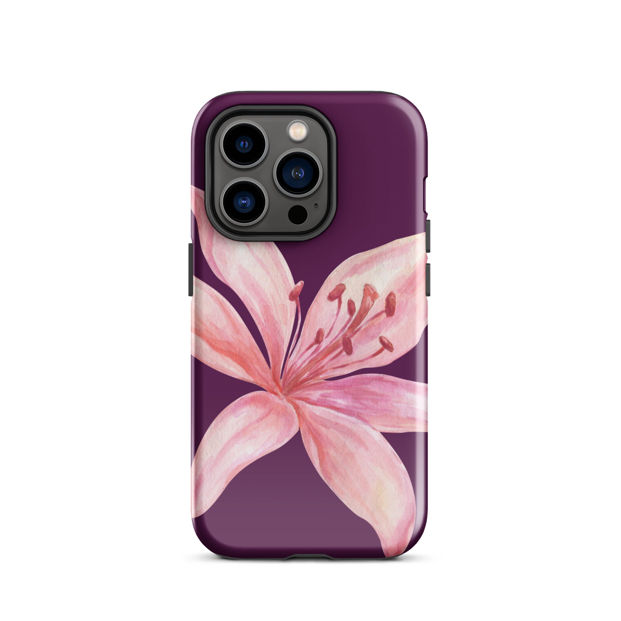 Tiger Lily Purple Pink iPhone Case - Dual Layer Protection With Polycarbonate Outer Shell featuring a large pink lily on purple background