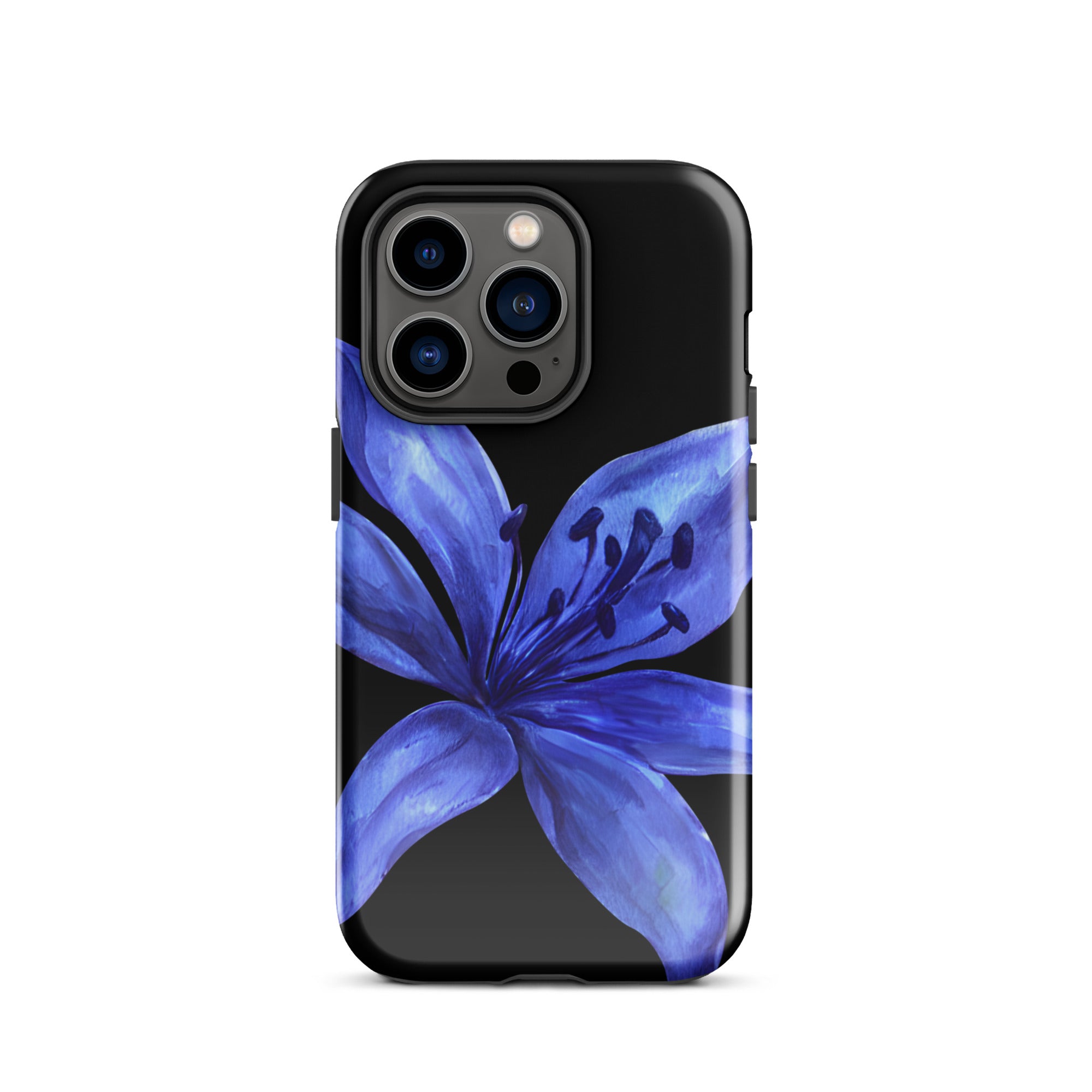 Blue tiger lily iPhone case on black background with dual-layer protection.