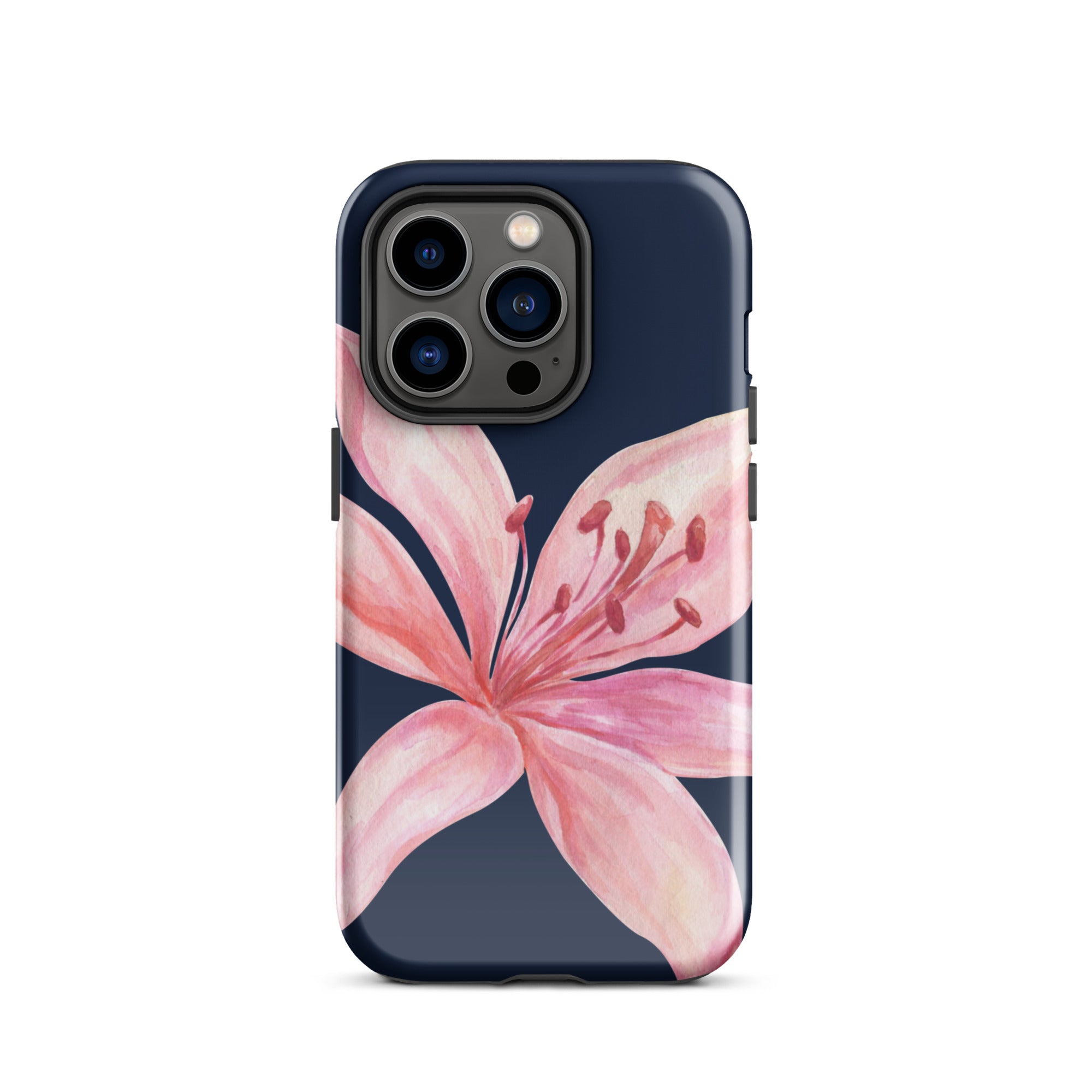 Blue navy iPhone case featuring pink tiger lily floral design with dual-layer protection.