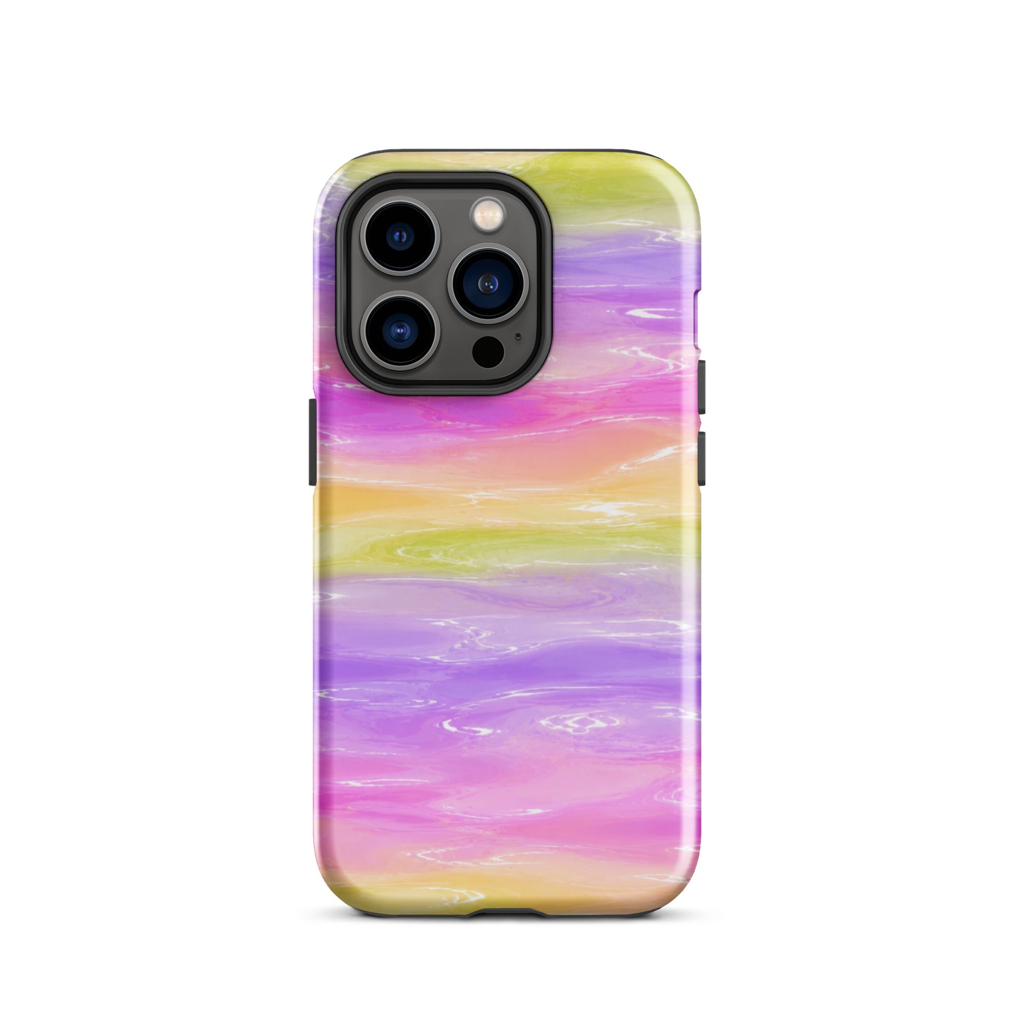 Close-up of colorful marble iPhone case with triple camera cutout