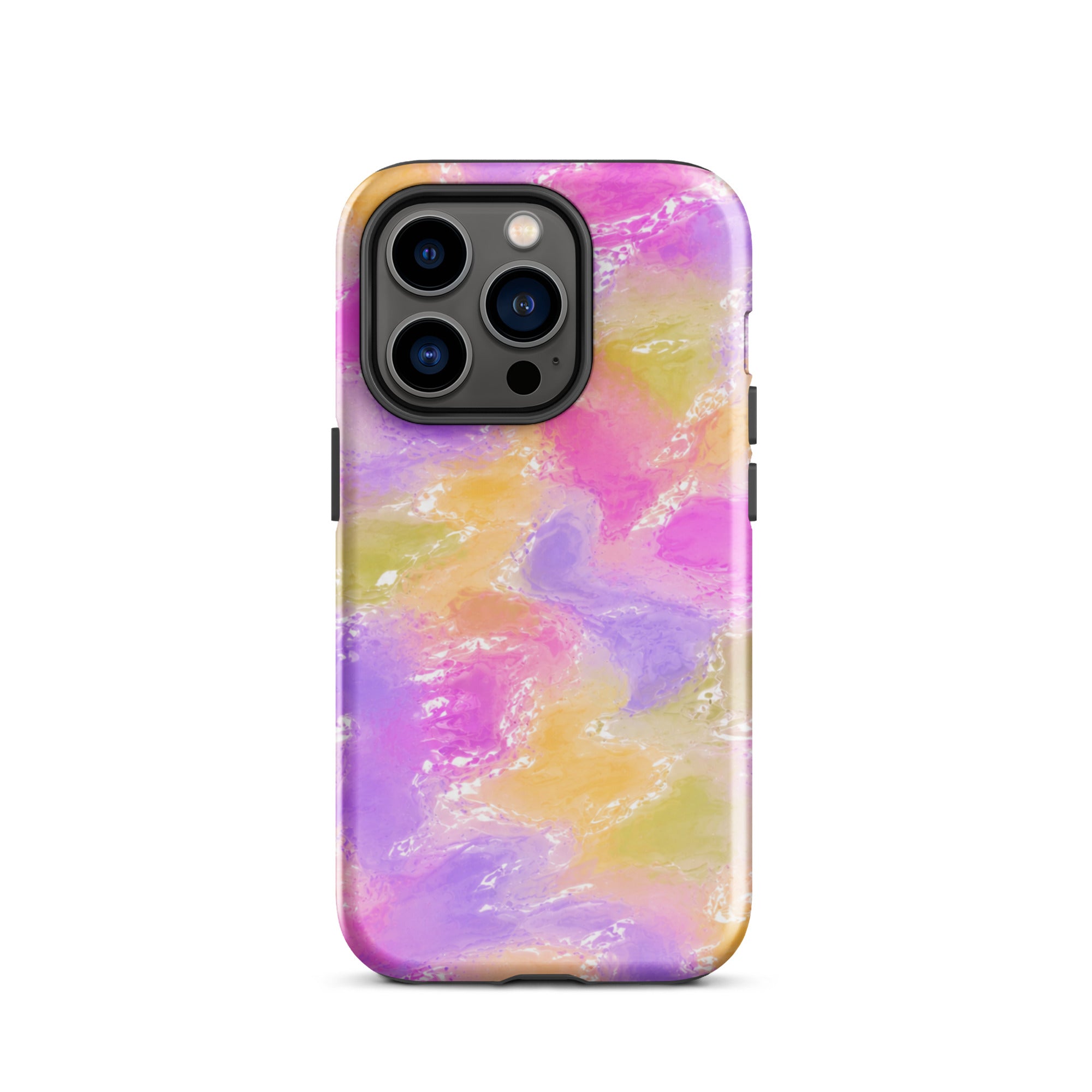Back view of colorful impact-resistant iPhone case with camera cutout
