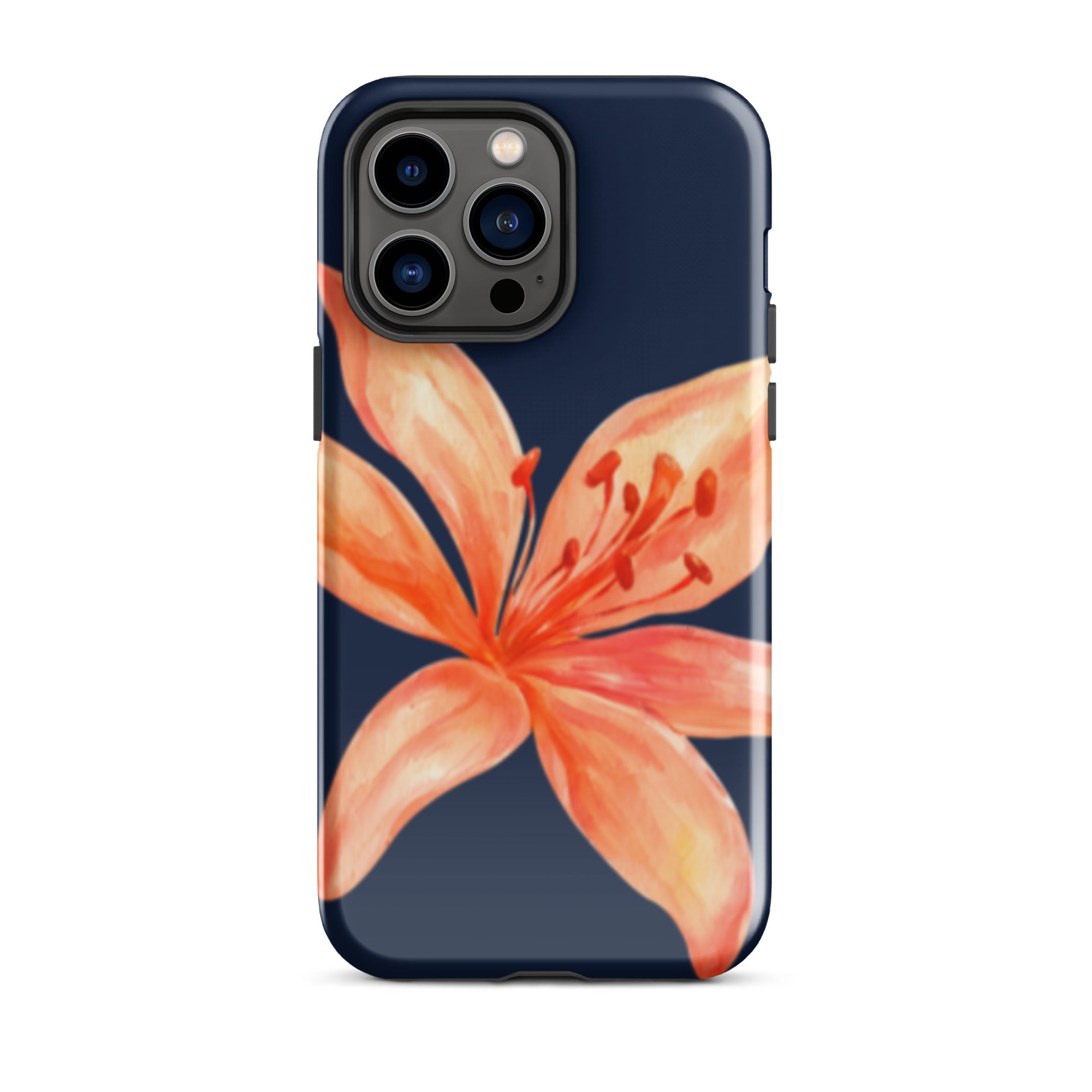 Coral Tiger Lily iPhone Case - Y2K Floral Navy With Glossy Or Matte featuring a large coral tiger lily on navy background.