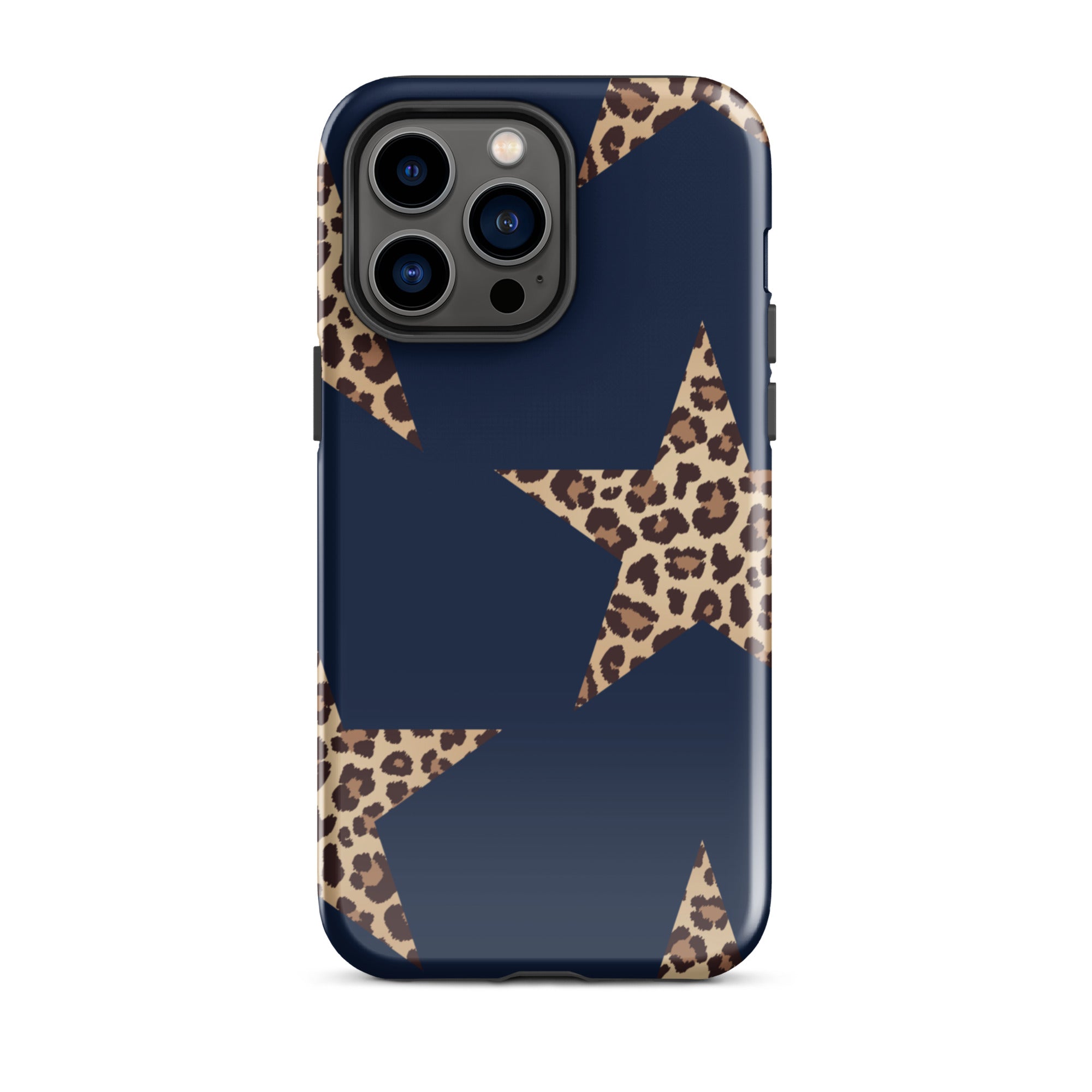 Navy Cheetah Stars iPhone Case - Leopard Star phone cover Dual Layer Bold Style with leopard pattern stars on navy background.
