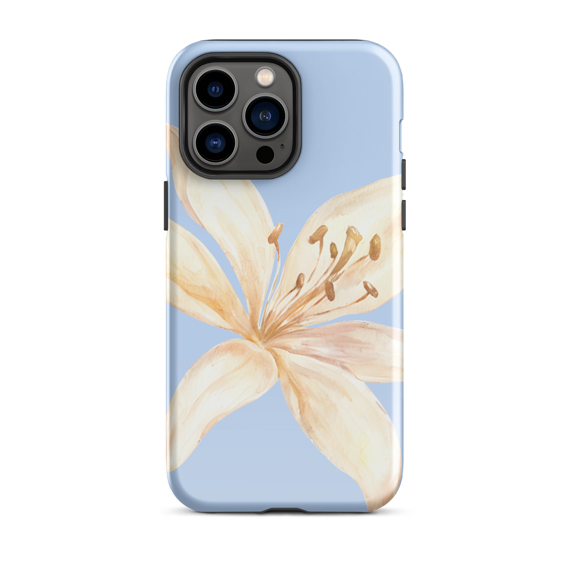 Sky Blue Off White Tiger Lily IPhone Case - Floral y2k preppy phone cover with a delicate lily design on blue background