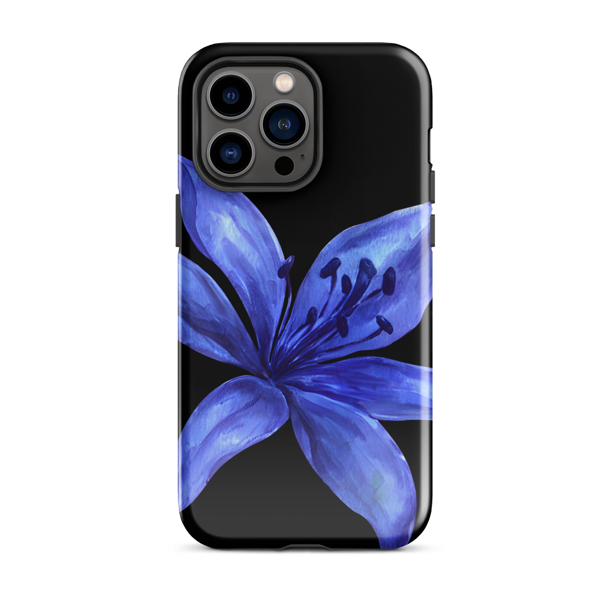 Blue and black tiger lily iPhone case on black background; dual-layer polycarbonate outer shell with TPU inner lining.
