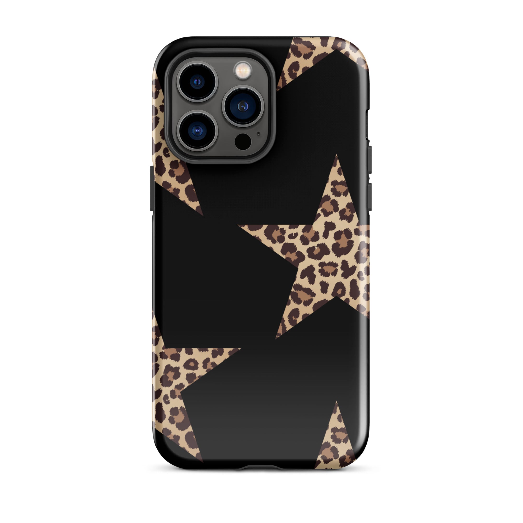 Black Cheetah Stars iPhone case with leopard-star pattern and dual-layer protection.