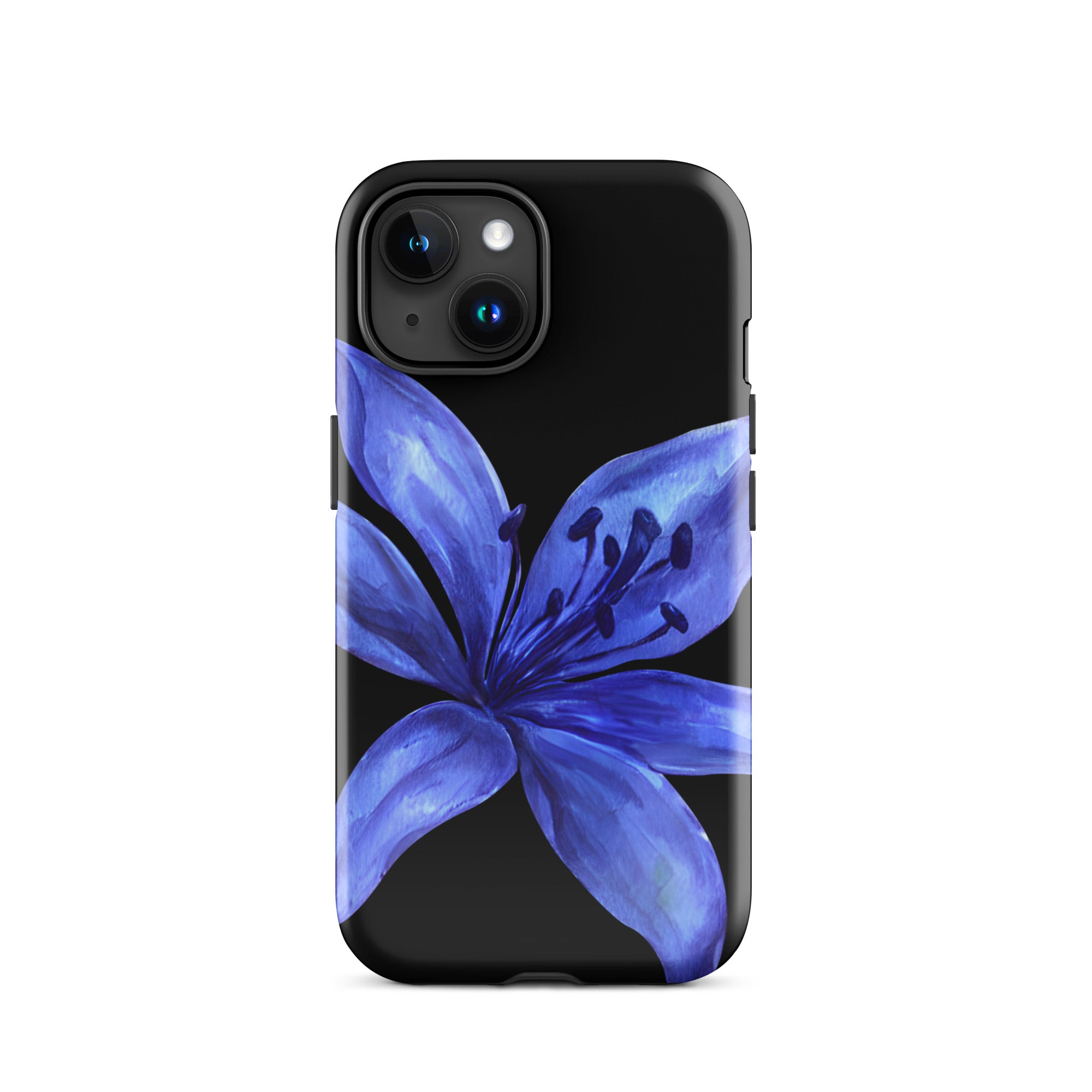 Blue tiger lily iPhone case with black background and durable dual-layer design.