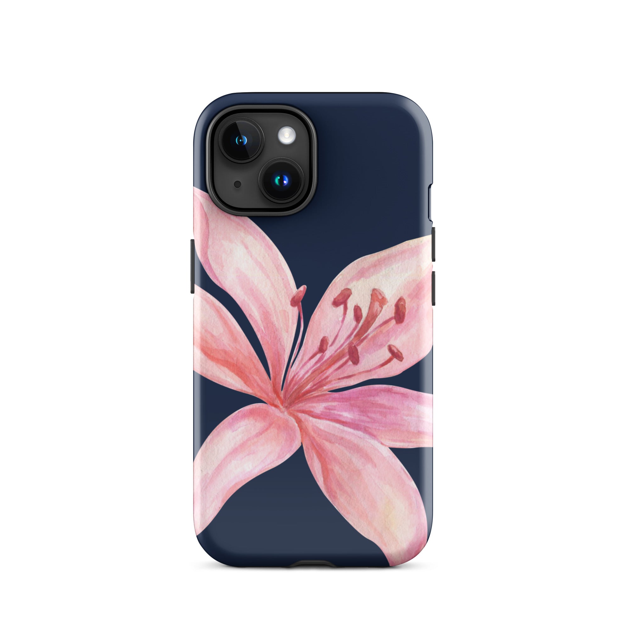 Blue pink tiger lily iPhone case on navy background; dual-layer polycarbonate outer shell with TPU interior.