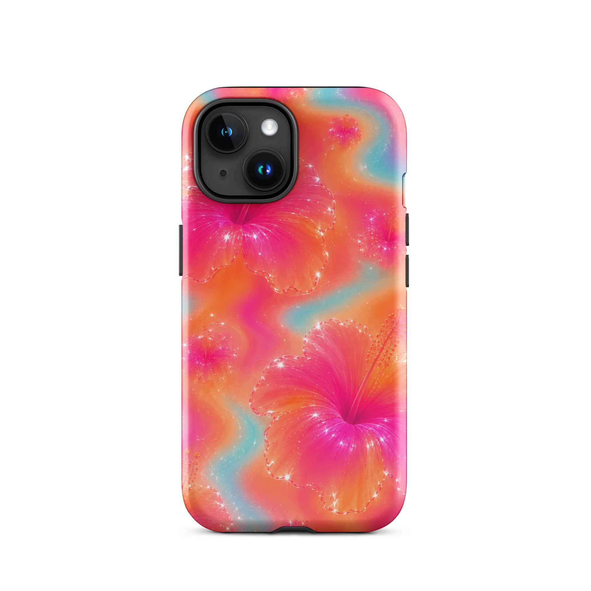 Close-up of triple camera cutout on floral iPhone case