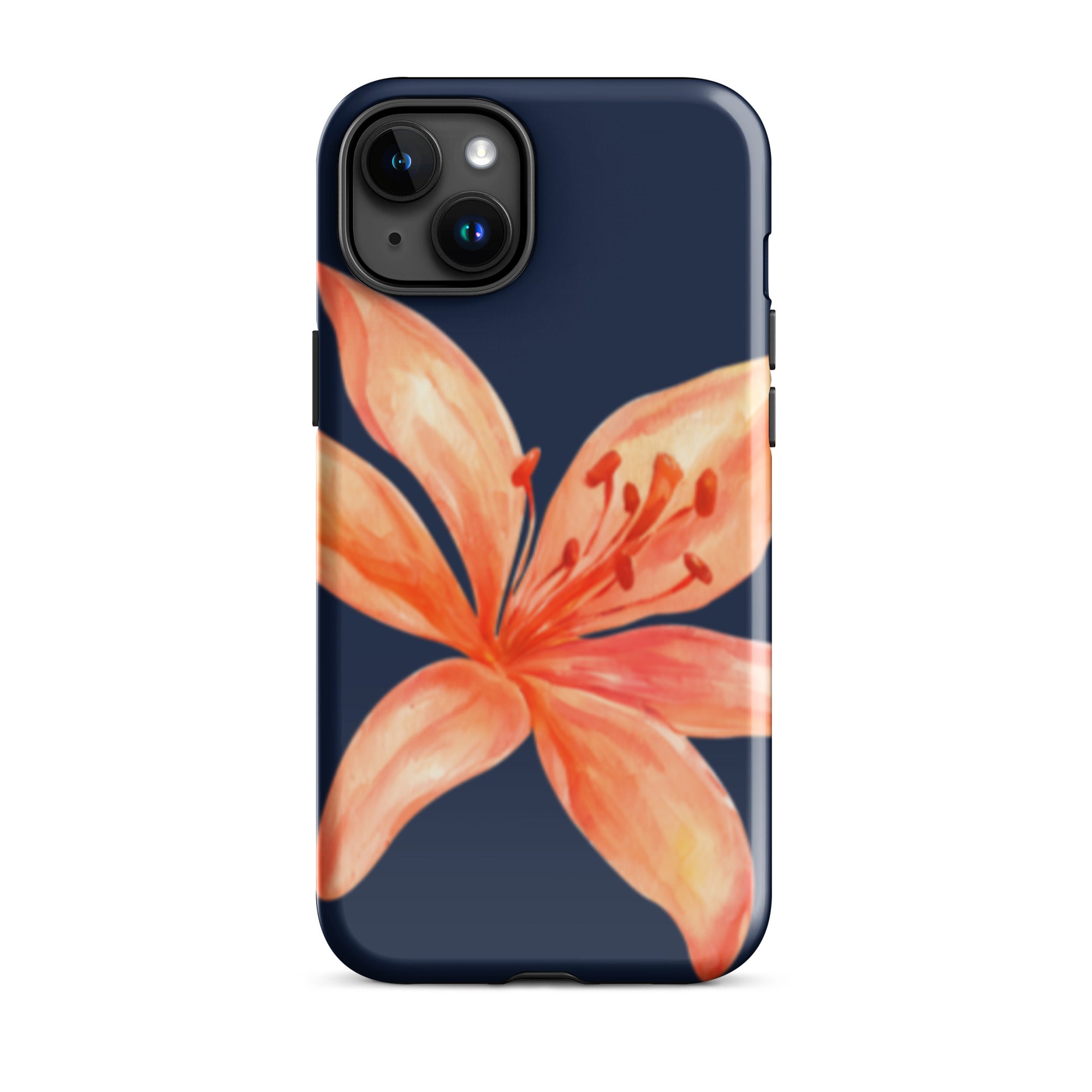 Coral Tiger Lily iPhone Case - Y2K Floral Navy With Glossy Or Matte featuring a vibrant orange flower on navy background