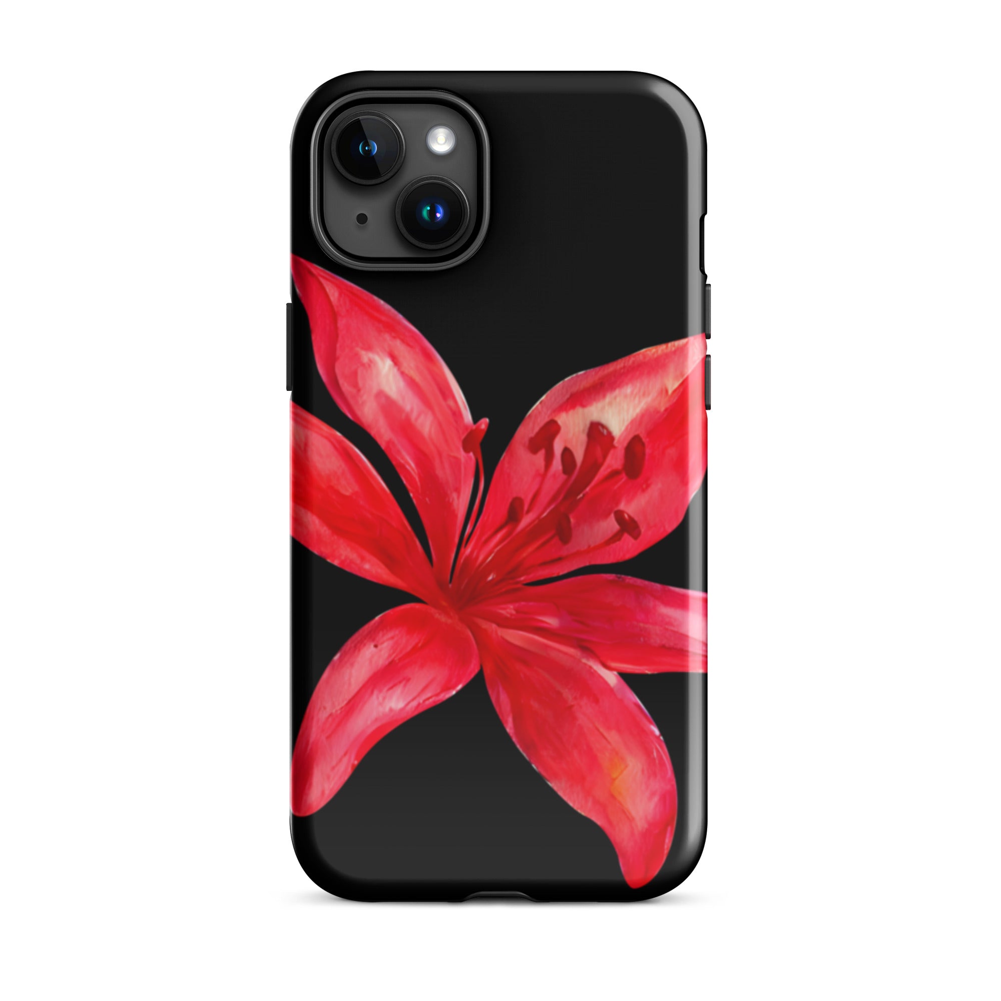 Red Tiger Lily IPhone Case - Y2K Floral Black Phone Case With Dual Layer Protection In Glossy Or Matte Finish showing vibrant red flower design.