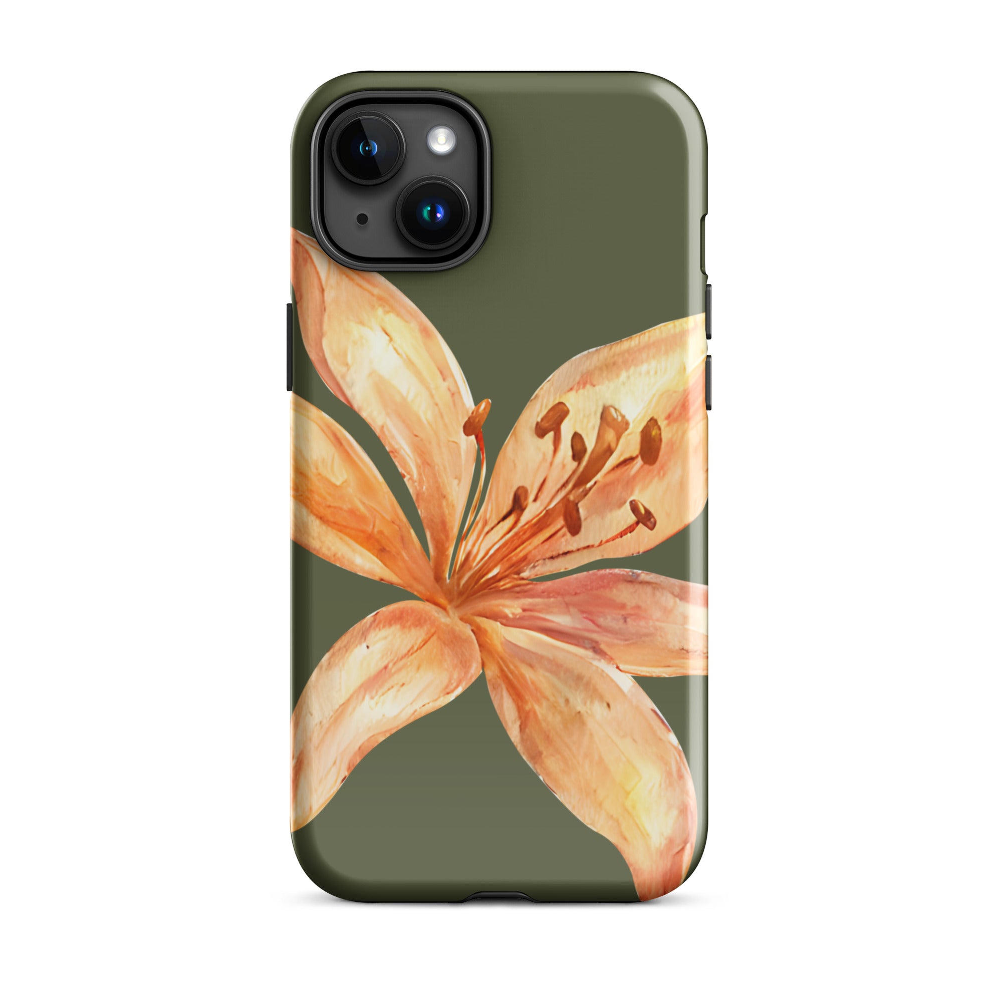 Tiger Lily IPhone Case - Botanical Art Floral y2k preppy Phone cover with orange lily design on olive green background