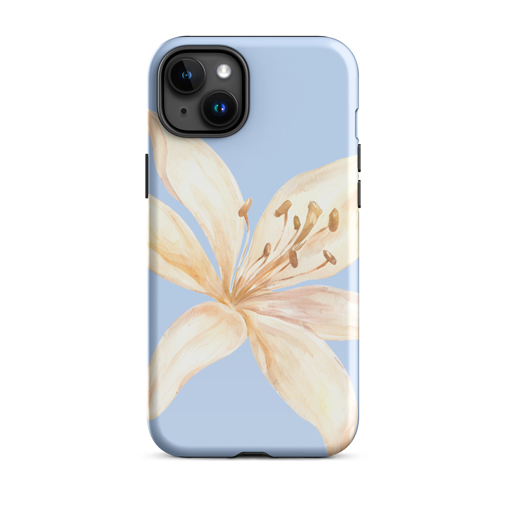 Sky Blue Off White Tiger Lily IPhone Case - Floral y2k preppy phone cover with a delicate lily design on blue background