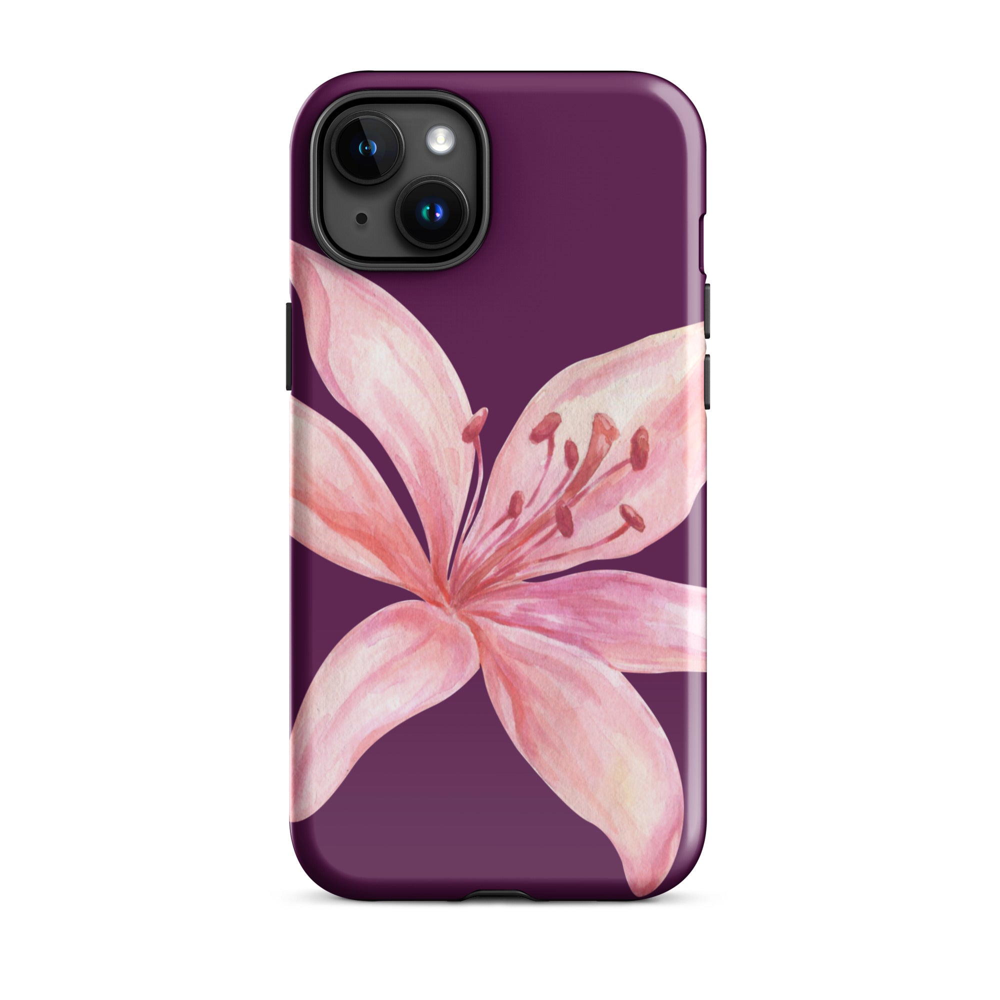 Tiger Lily Purple Pink iPhone Case - Dual Layer Protection With Polycarbonate Outer Shell featuring a pink lily on purple background