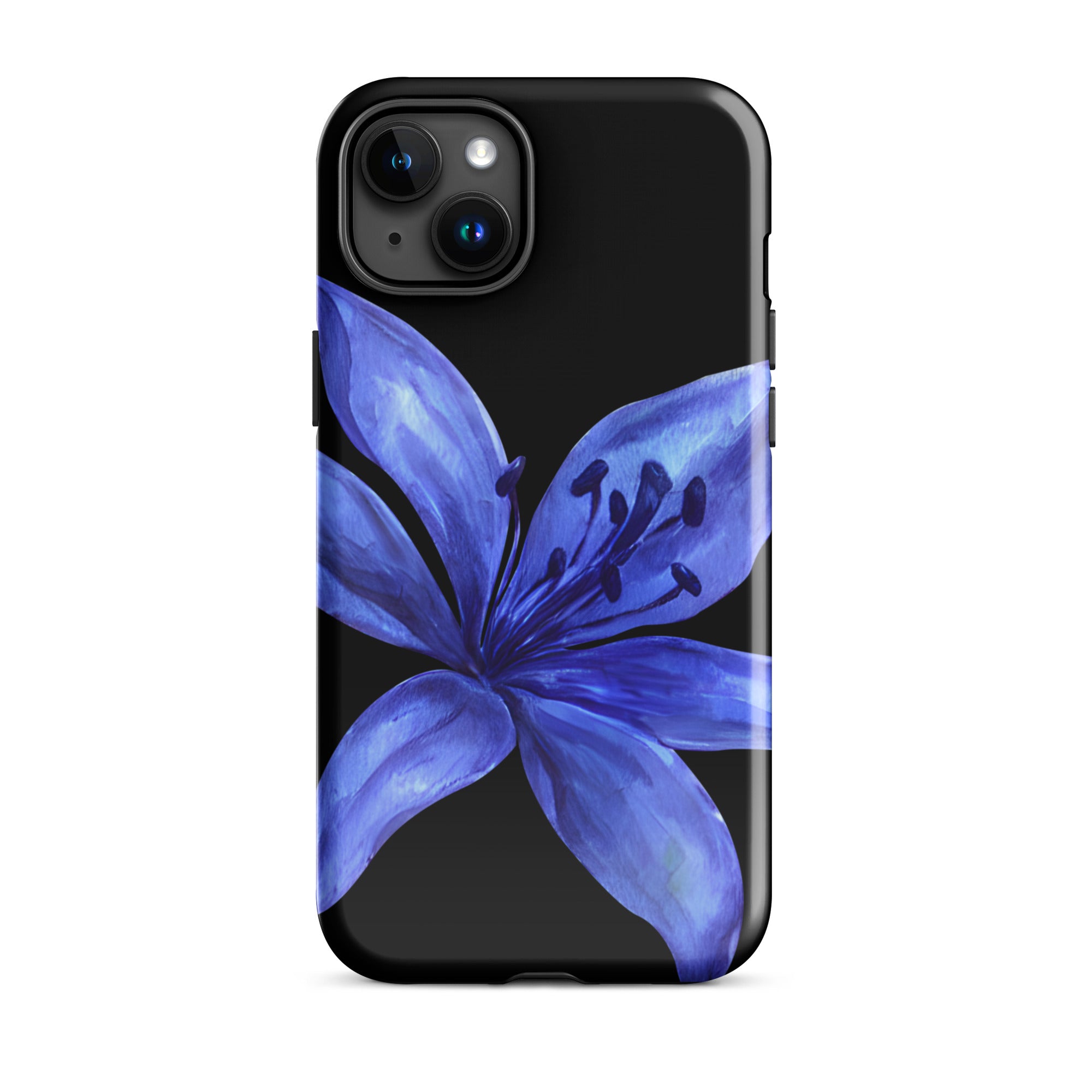 Blue and black tiger lily iPhone case with dual-layer polycarbonate shell and TPU lining for protection.