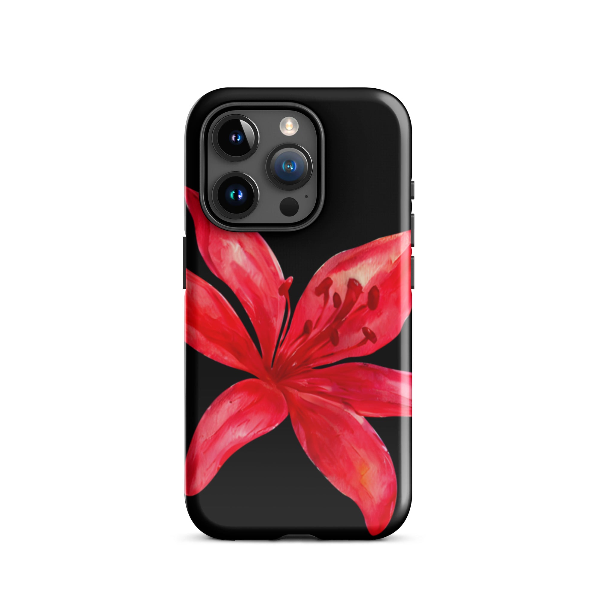 Red Tiger Lily IPhone Case - Y2K Floral Black Phone Case With Dual Layer Protection In Glossy Or Matte Finish shown with red floral design