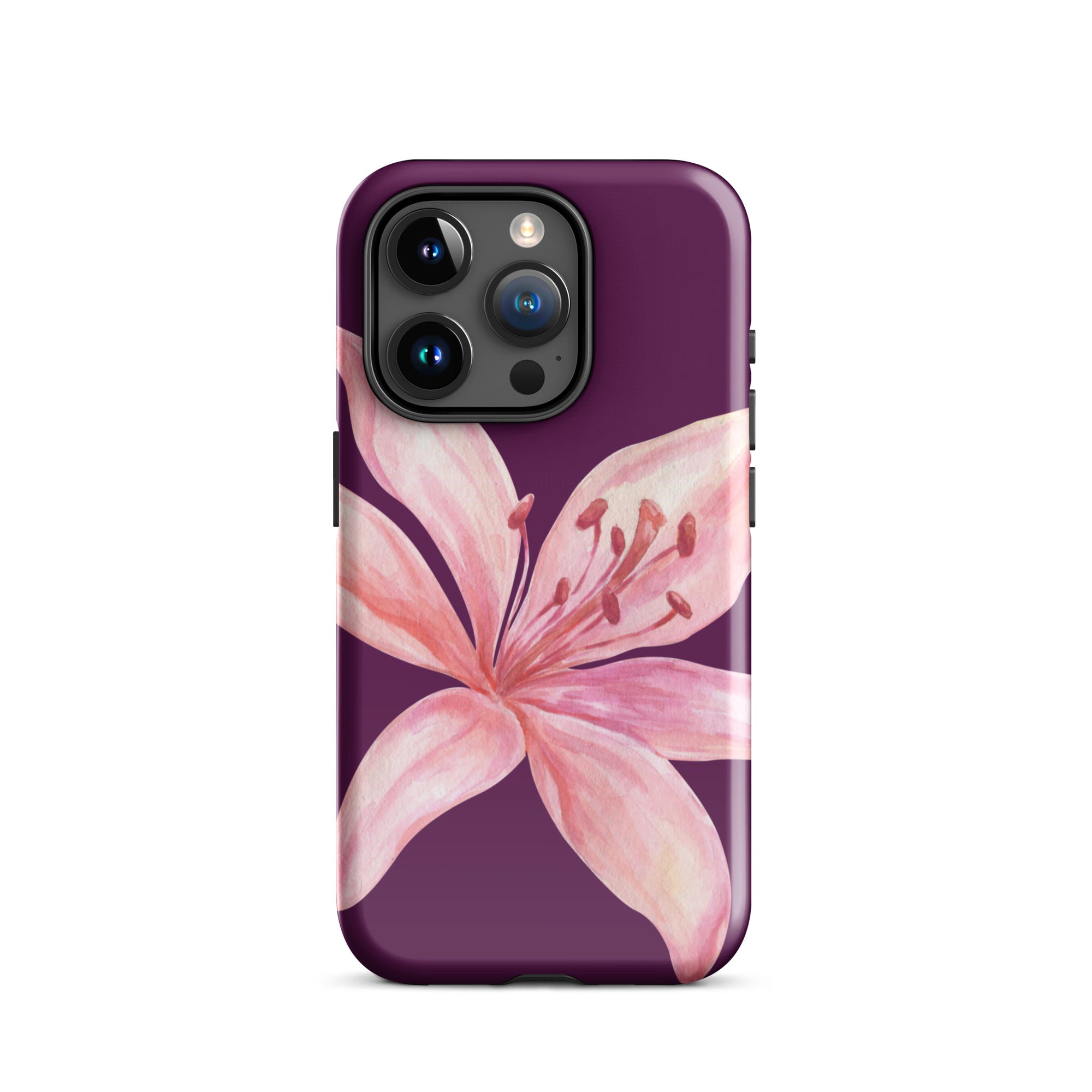 Tiger Lily Purple Pink iPhone Case - Dual Layer Protection With Polycarbonate Outer Shell featuring a large pink flower design on purple background