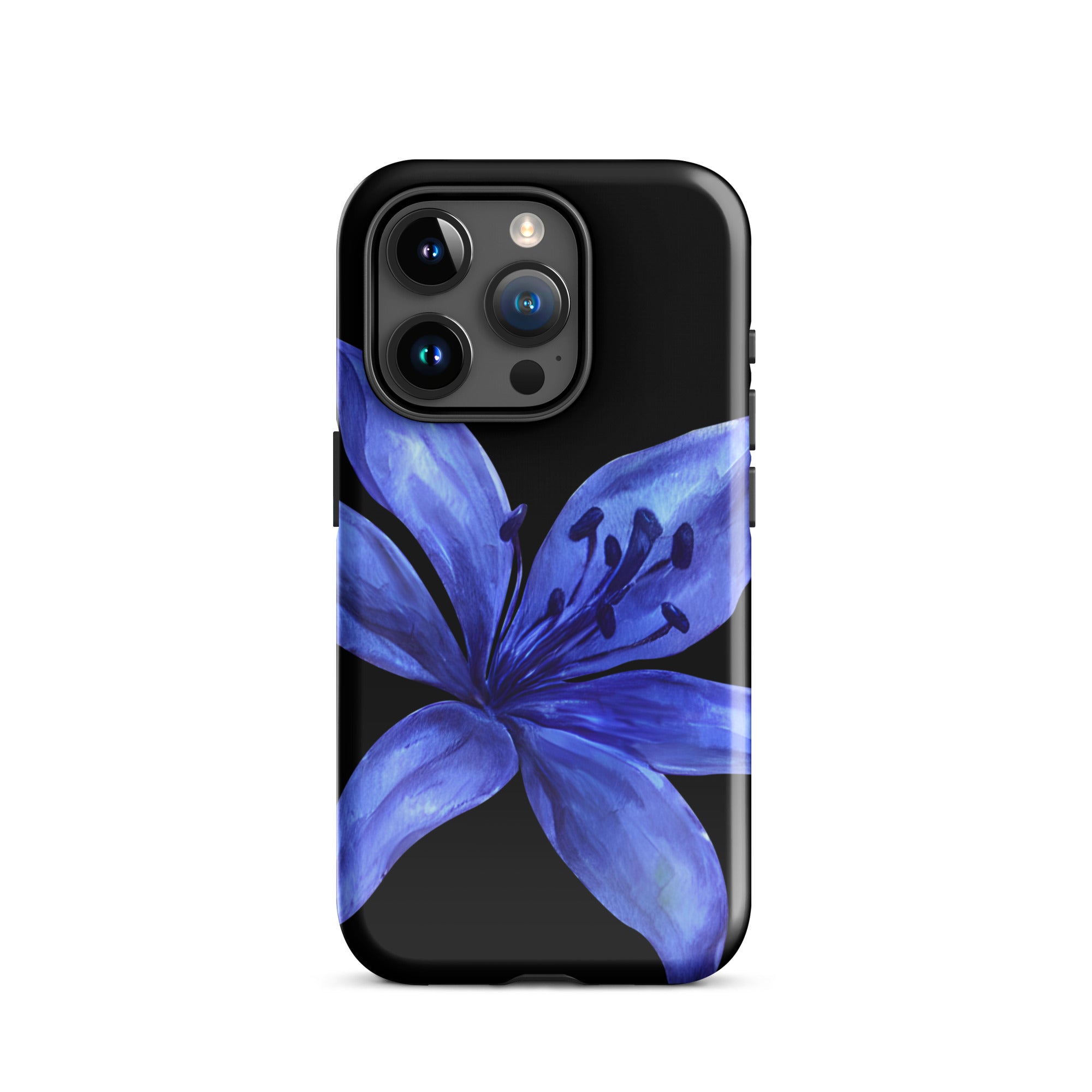 Blue tiger lily iPhone case on black background; dual-layer polycarbonate shell with TPU interior.
