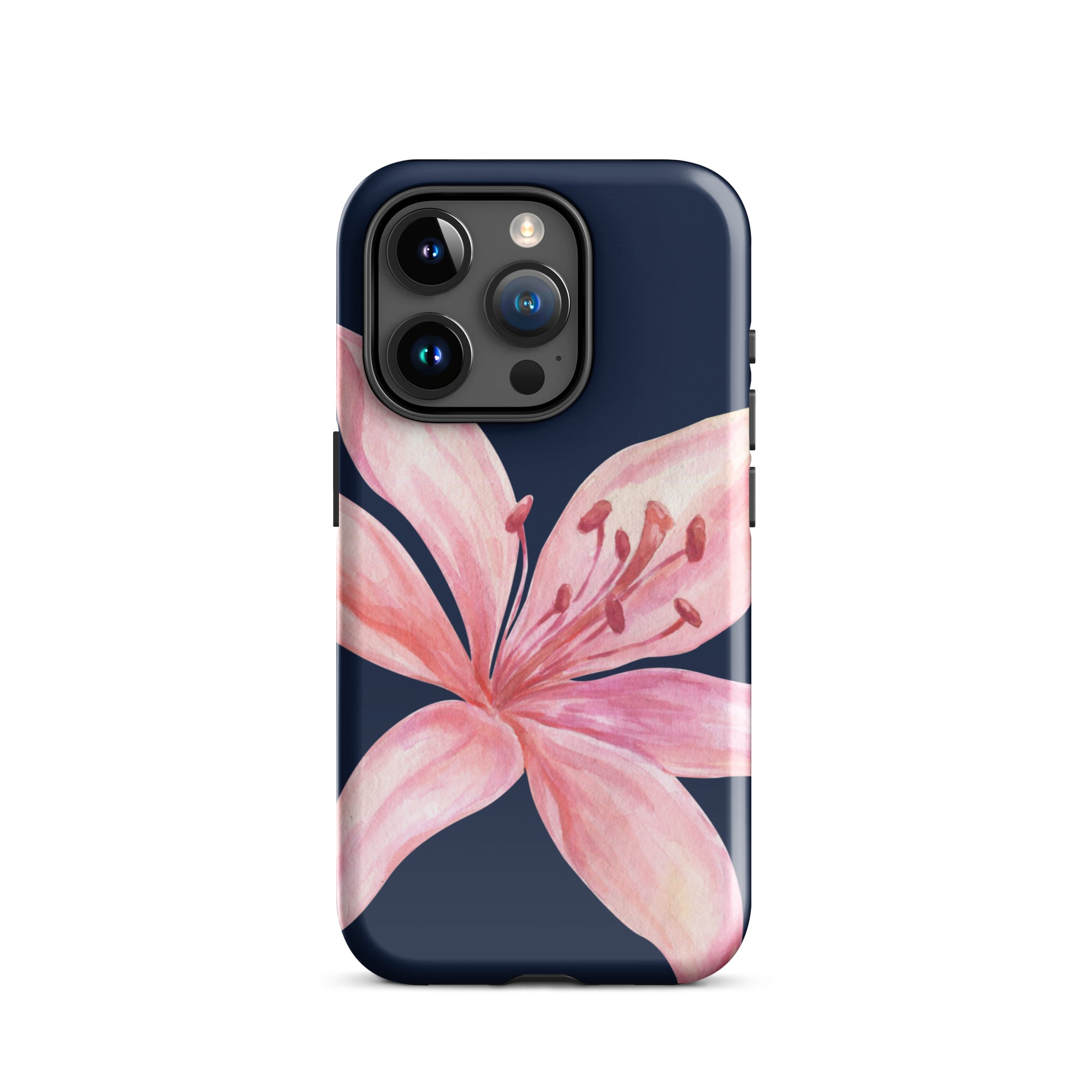 Blue navy iPhone case with pink tiger lily print, dual-layer polycarbonate outer shell and TPU lining.