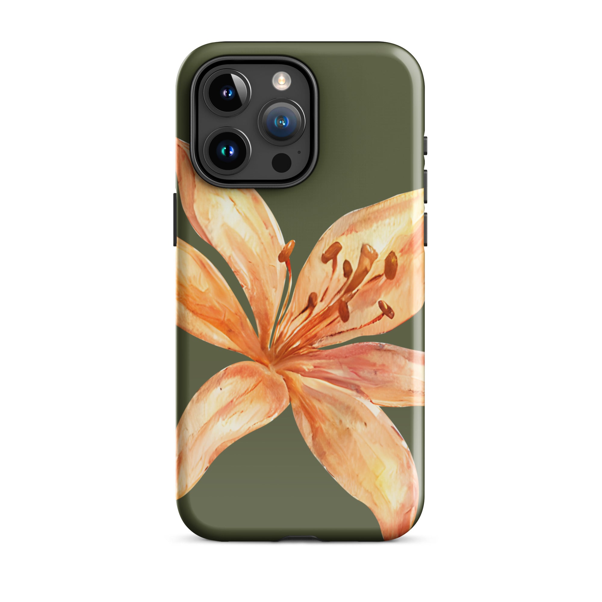 Tiger Lily IPhone Case - Botanical Art Floral y2k preppy Phone cover with orange lily design on olive green background