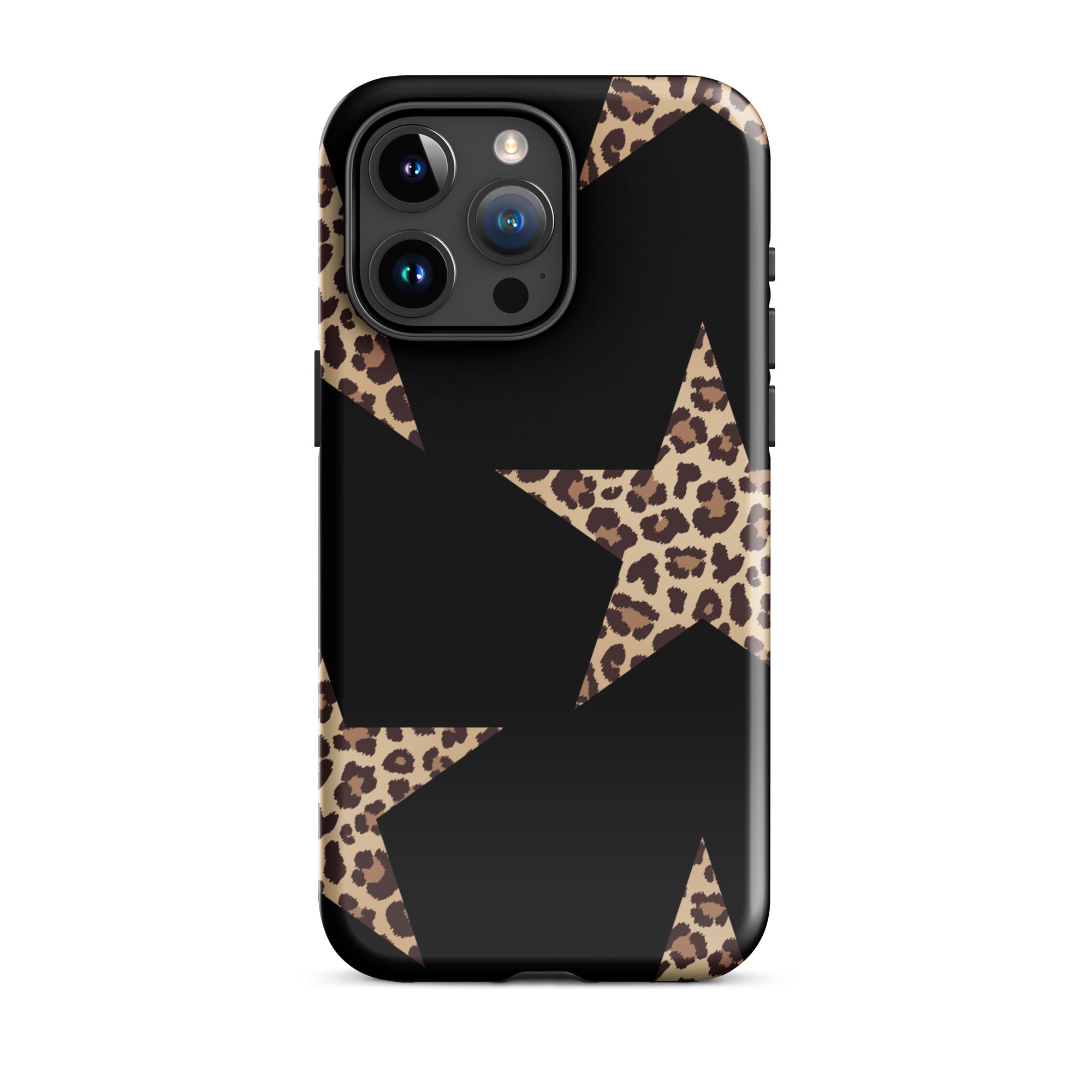 Black Cheetah Stars iPhone Case with leopard-star accents and dual-layer protection