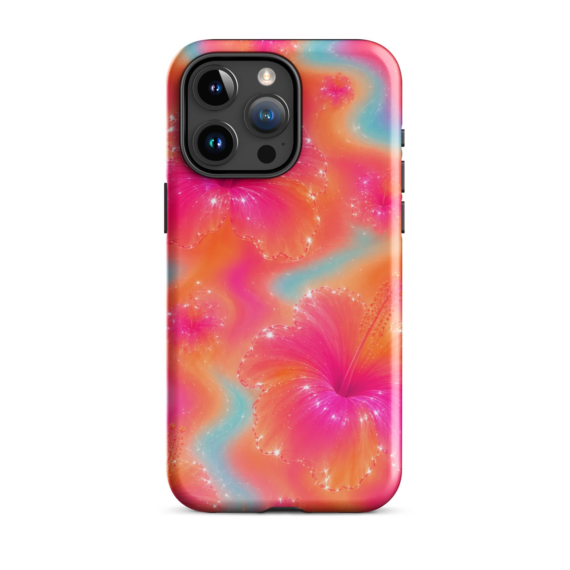 Back view of vibrant floral iPhone case with camera cutout