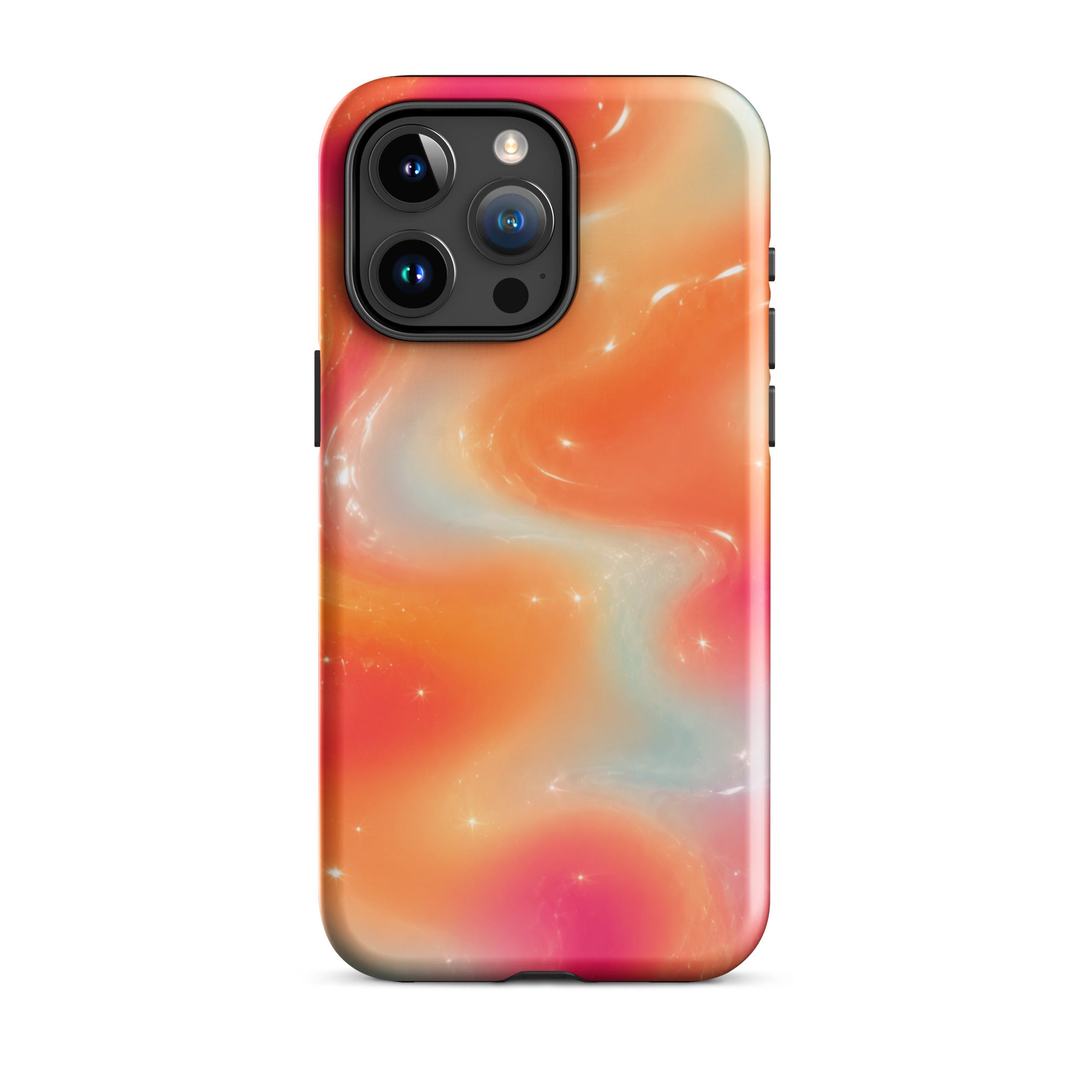 Back view of iPhone with impact-resistant dual layer case in vibrant swirl design