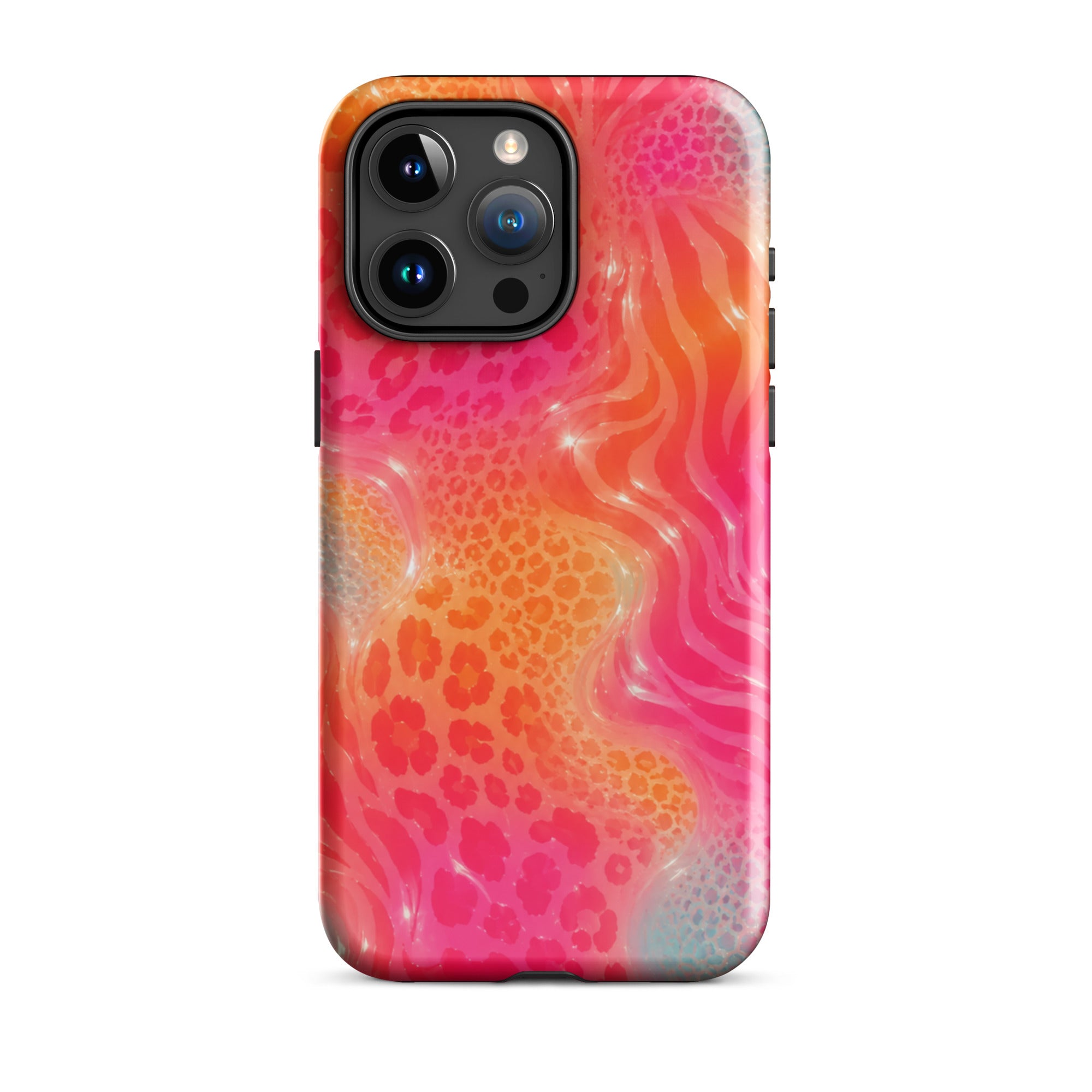 Back view of vibrant animal print iPhone case with triple camera cutout
