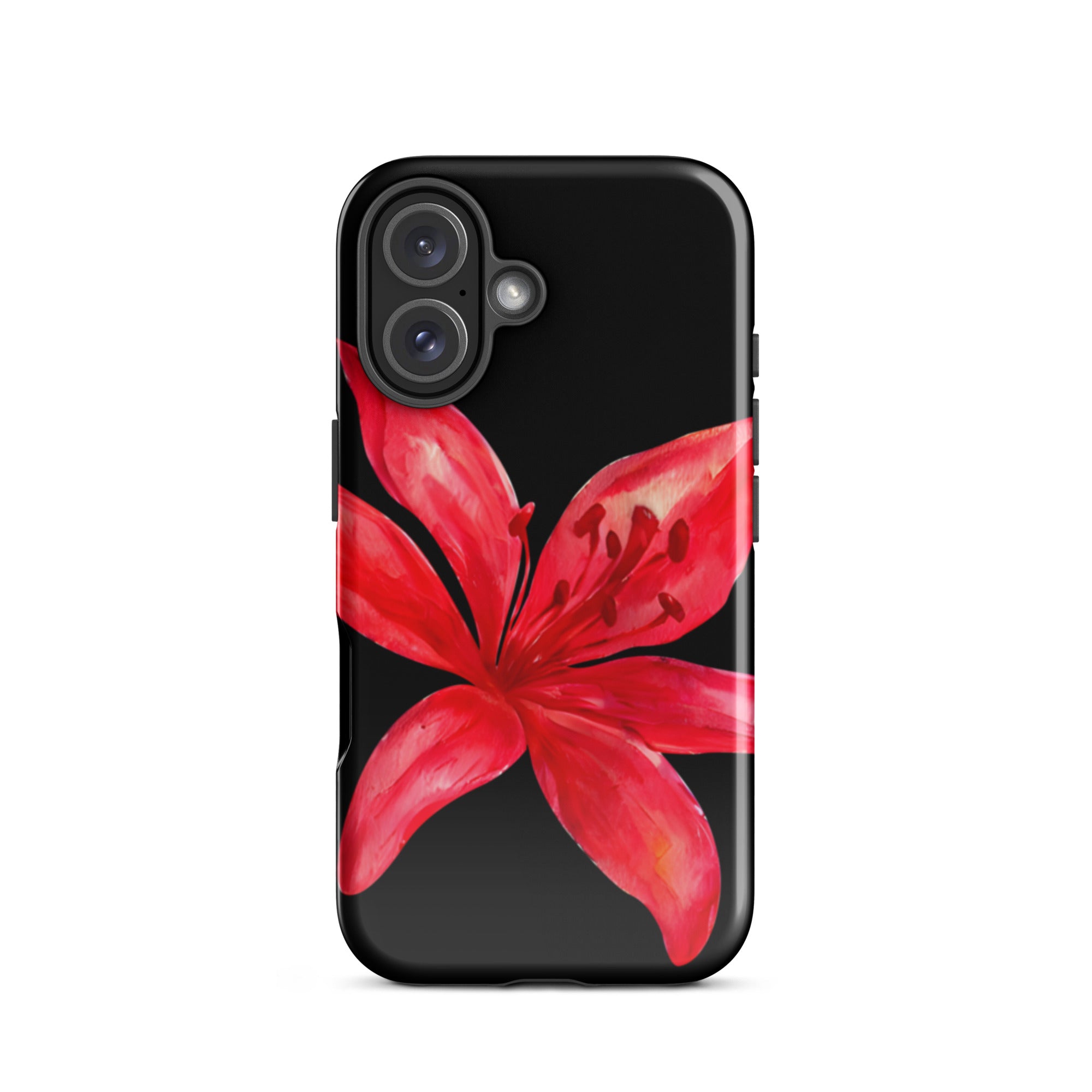Red Tiger Lily IPhone Case - Y2K Floral Black Phone Case With Dual Layer Protection In Glossy Or Matte Finish with vibrant red flower design