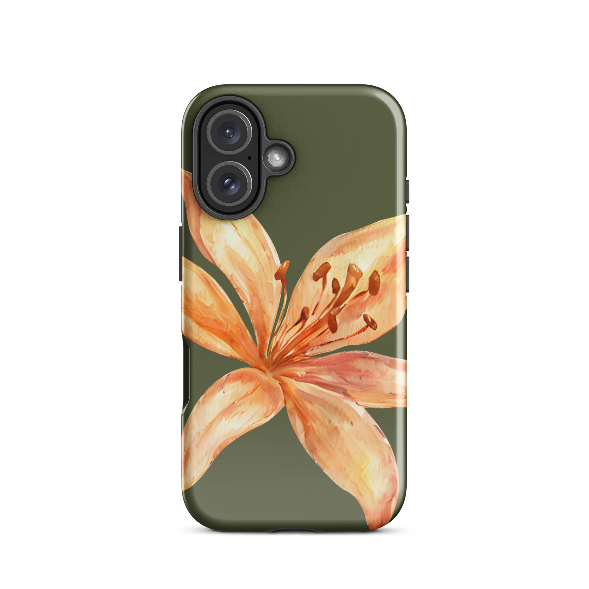 Tiger Lily IPhone Case - Botanical Art Floral y2k preppy Phone cover with a large orange lily design on green background