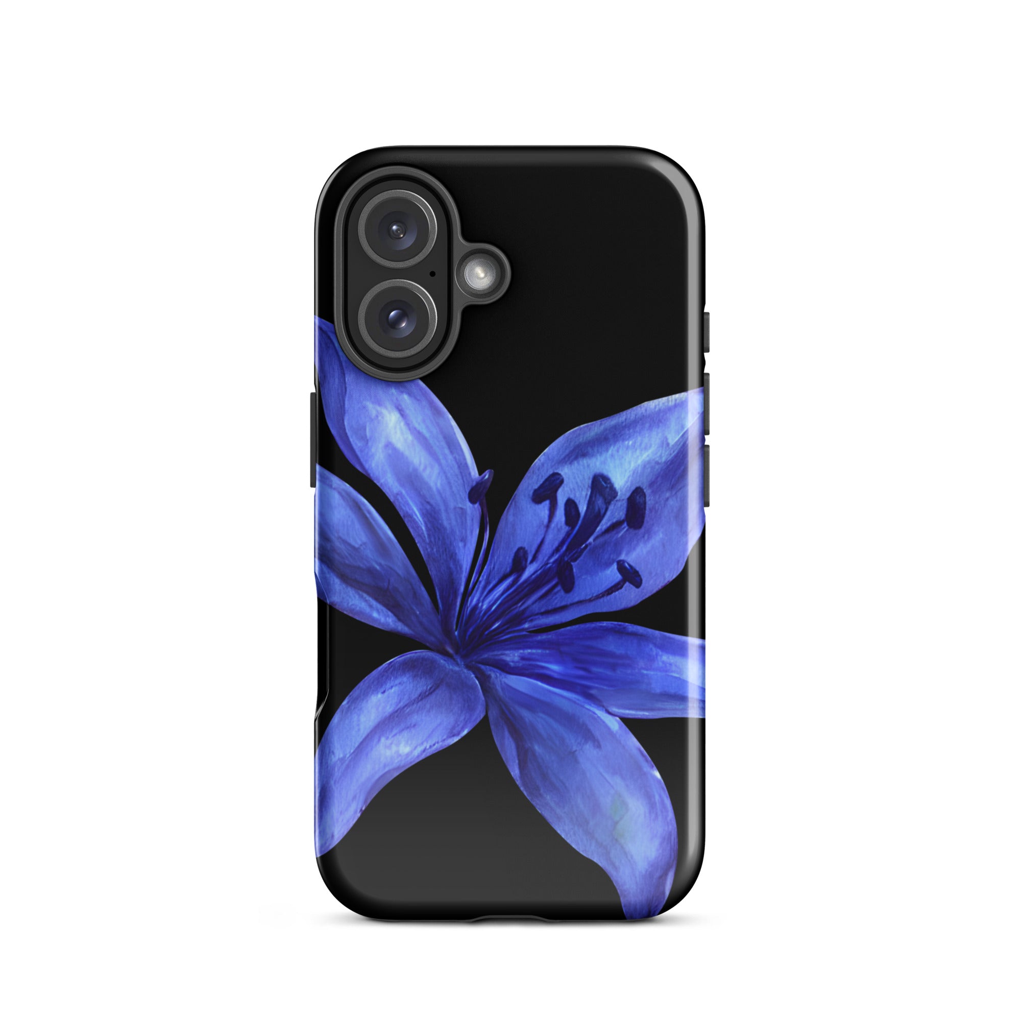 Blue tiger lily design on black dual-layer iPhone case.