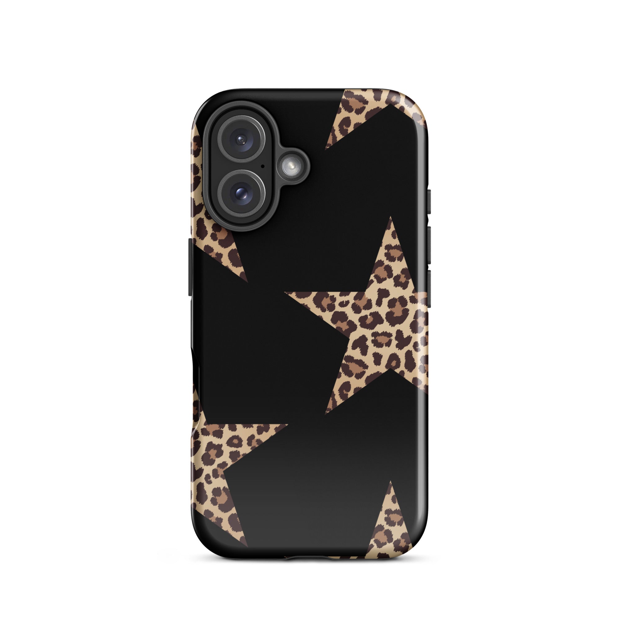 Black iPhone case with leopard-print stars and rugged dual-layer protection.