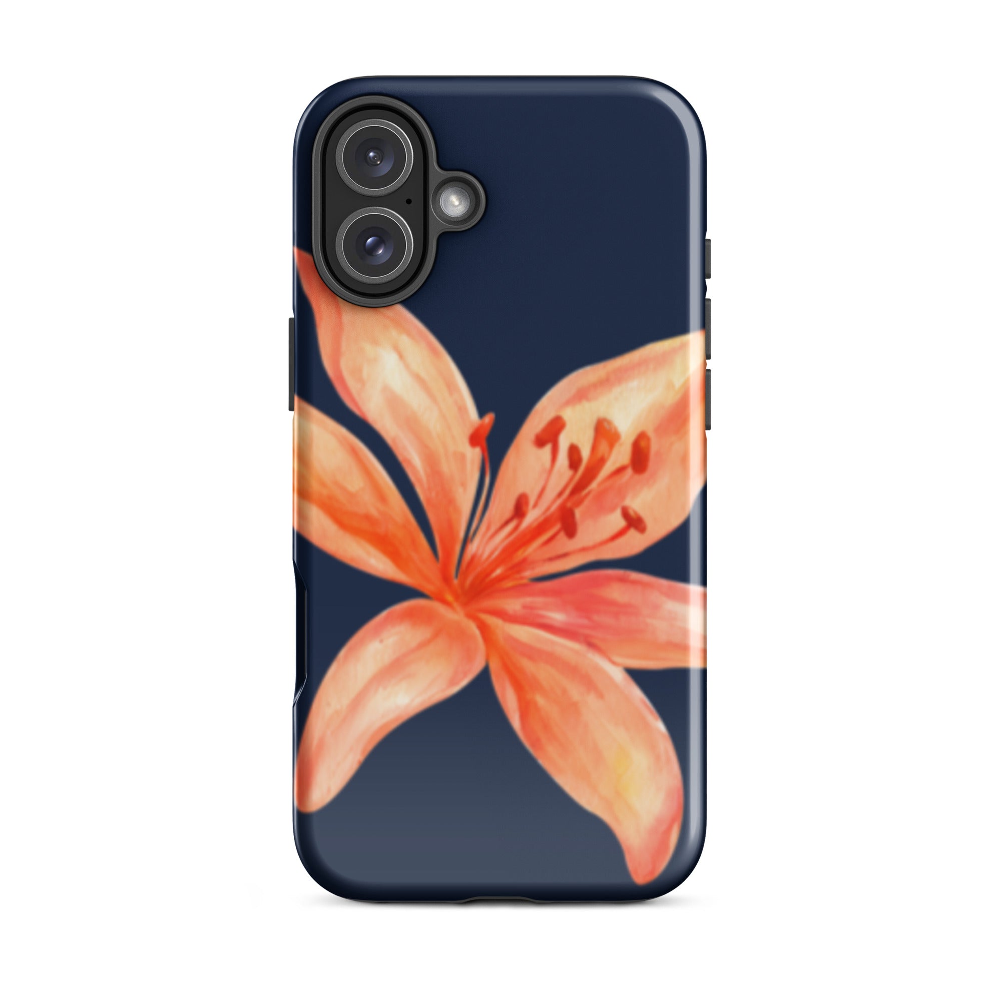 Coral Tiger Lily iPhone Case - Y2K Floral Navy With Glossy Or Matte featuring a vibrant coral flower on navy background