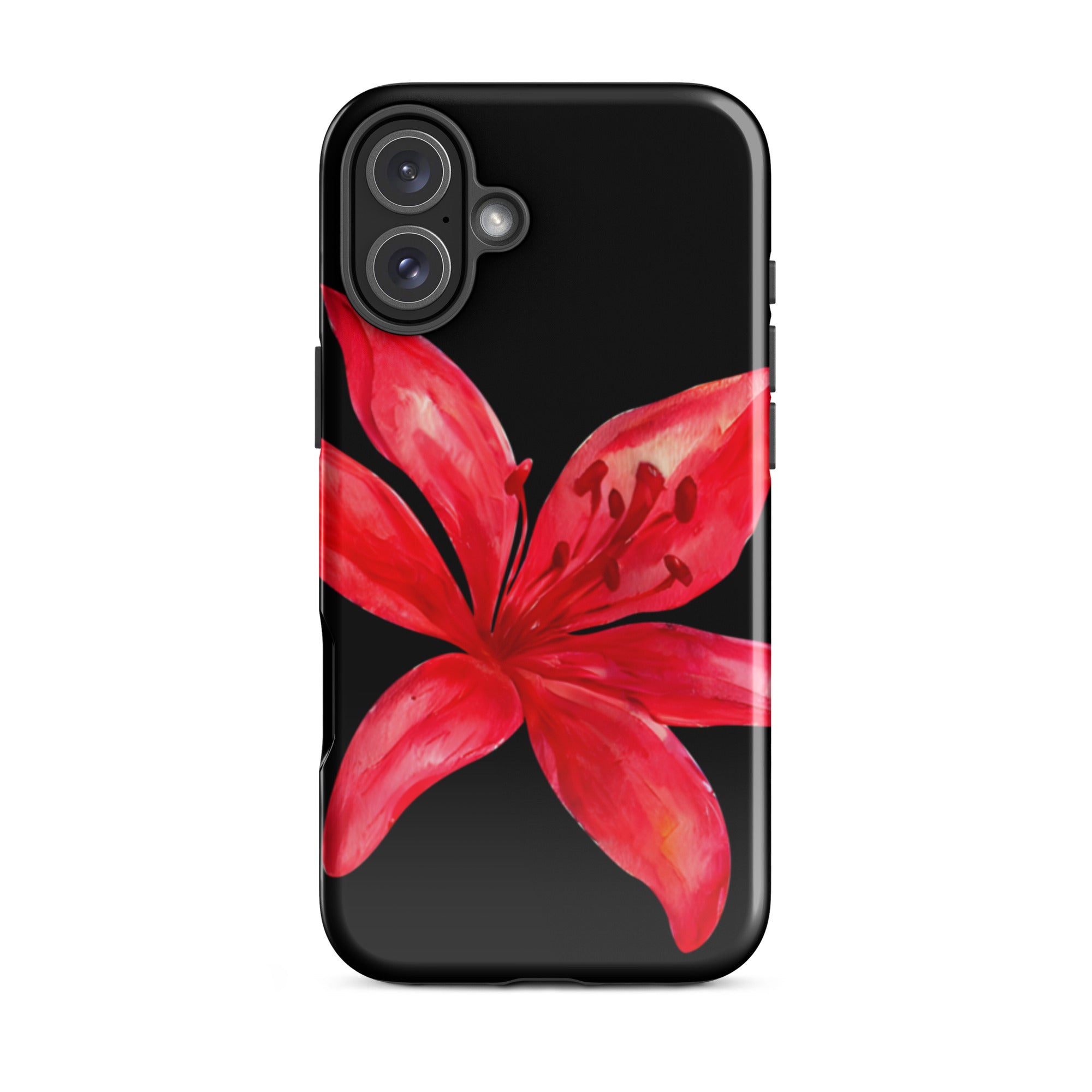 Red Tiger Lily IPhone Case - Y2K Floral Black Phone Case With Dual Layer Protection In Glossy Or Matte Finish with red flower design