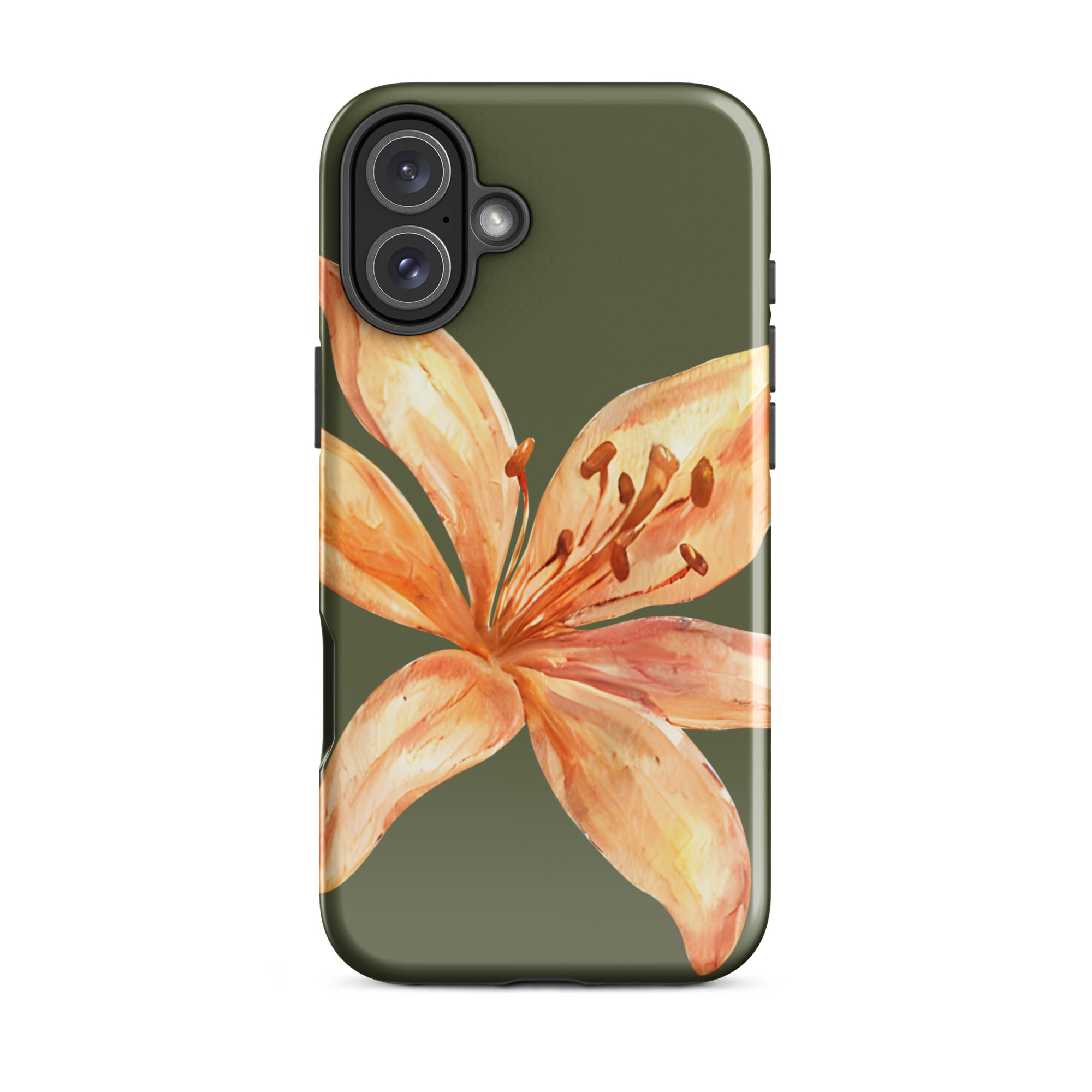 Tiger Lily IPhone Case - Botanical Art Floral y2k preppy Phone cover with orange lily design on olive green background