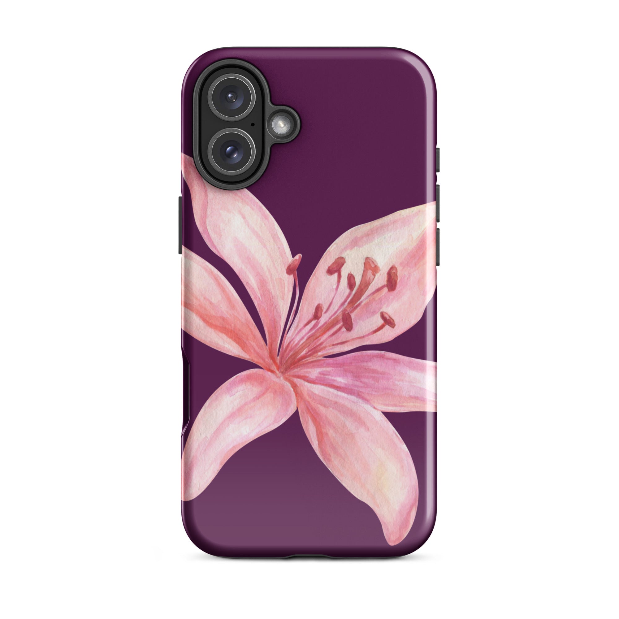 Tiger Lily Purple Pink iPhone Case - Dual Layer Protection With Polycarbonate Outer Shell featuring a pink floral design on purple background