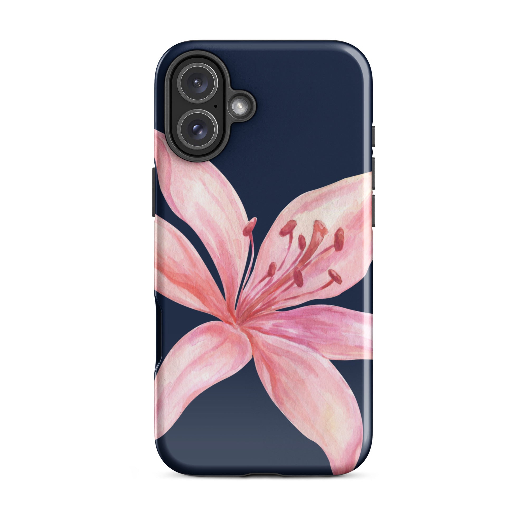 Blue navy iPhone case featuring a pink tiger lily bloom with dual-layer protective design.