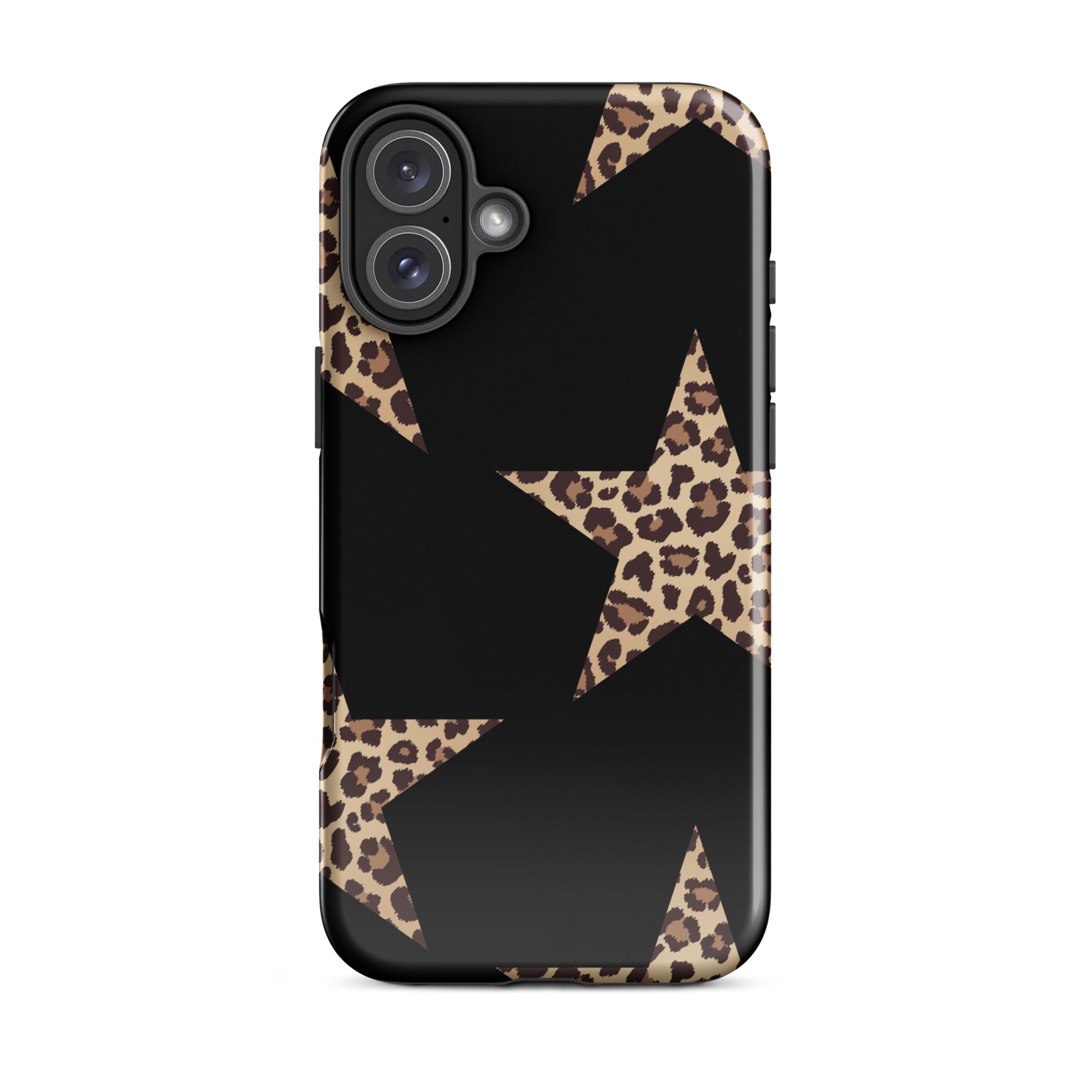 Black iPhone case with leopard-print stars on a sleek surface, dual-layer protection.