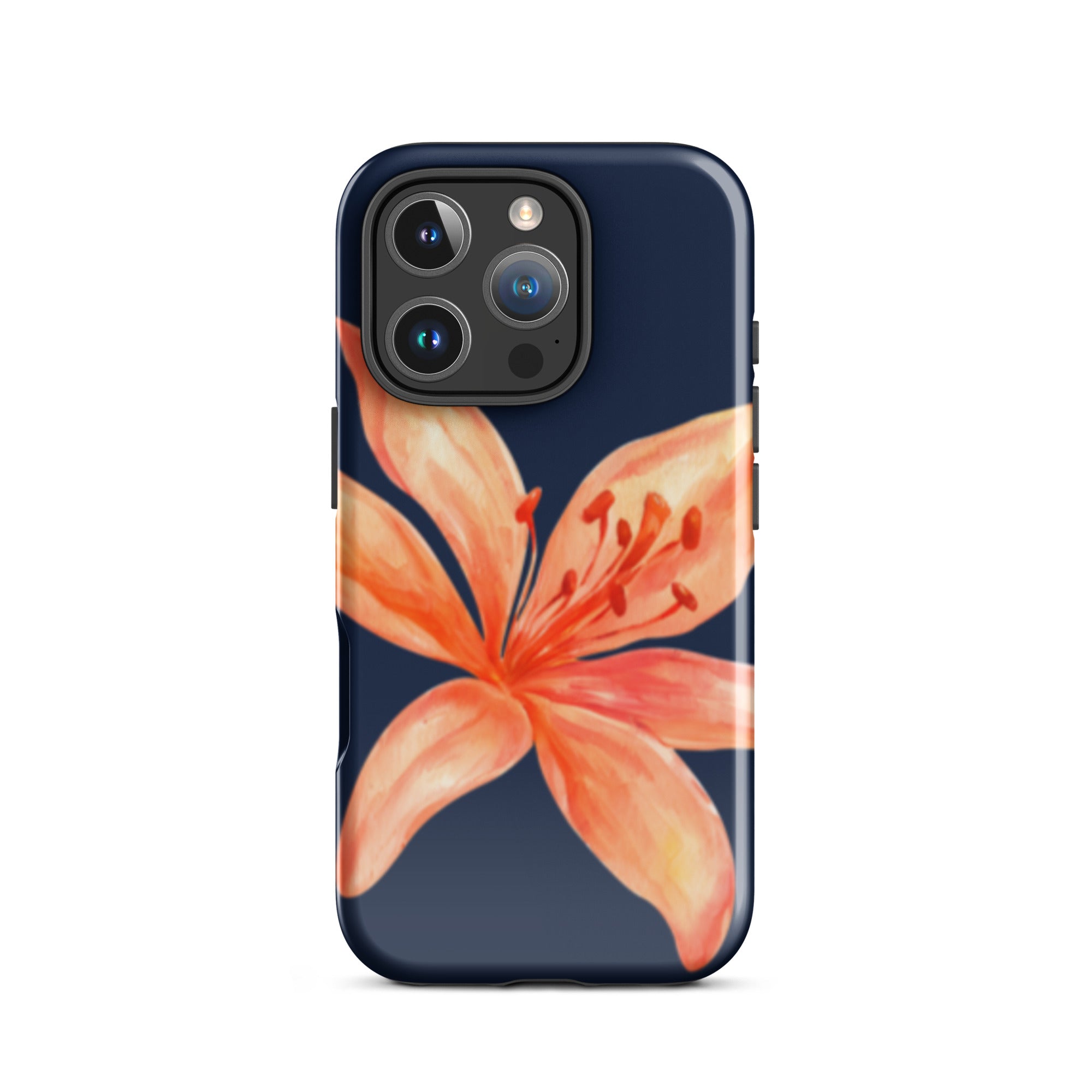 Coral Tiger Lily iPhone Case - Y2K Floral Navy With Glossy Or Matte showing a vibrant orange flower on navy background