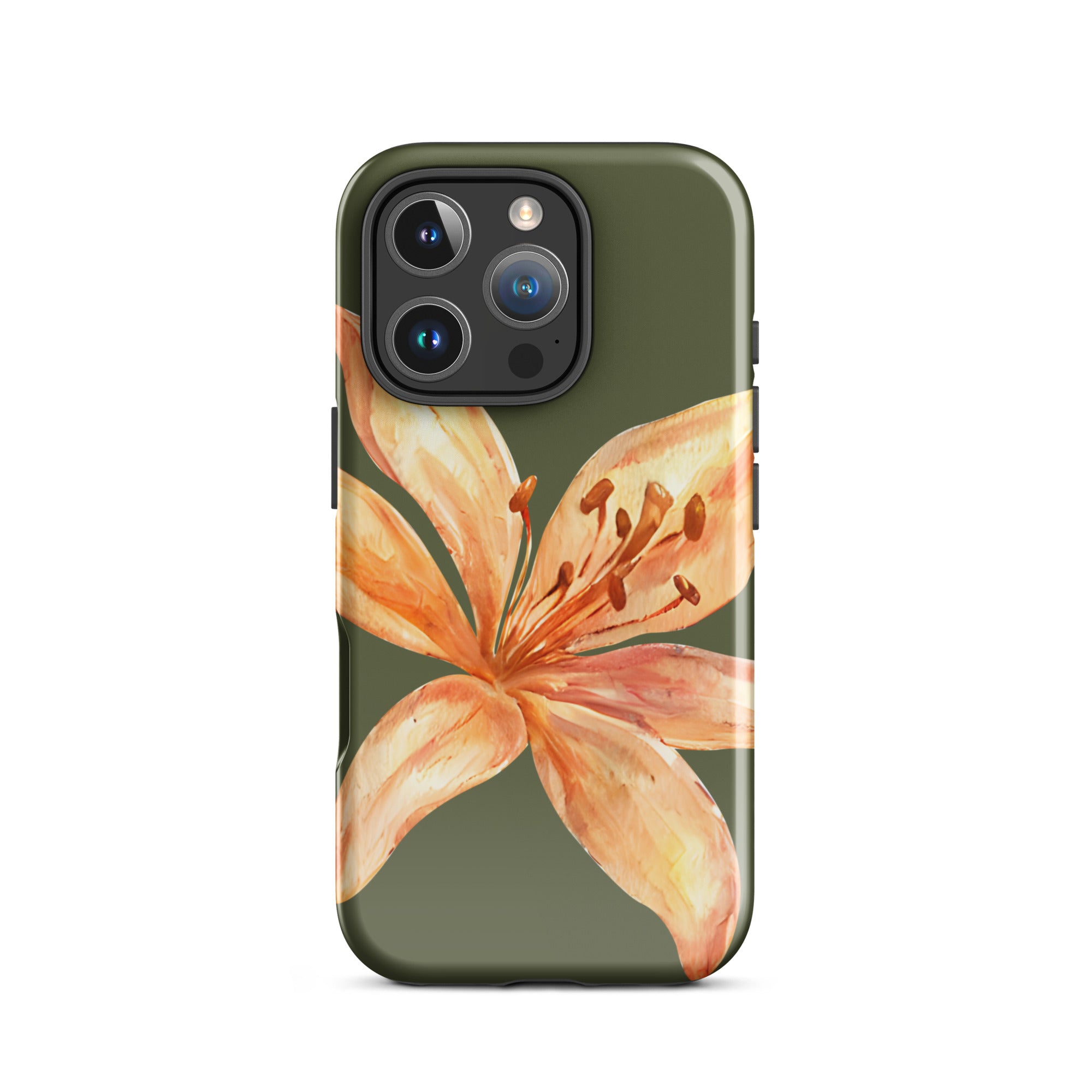 Tiger Lily IPhone Case - Botanical Art Floral y2k preppy Phone cover with orange flower design on olive green background