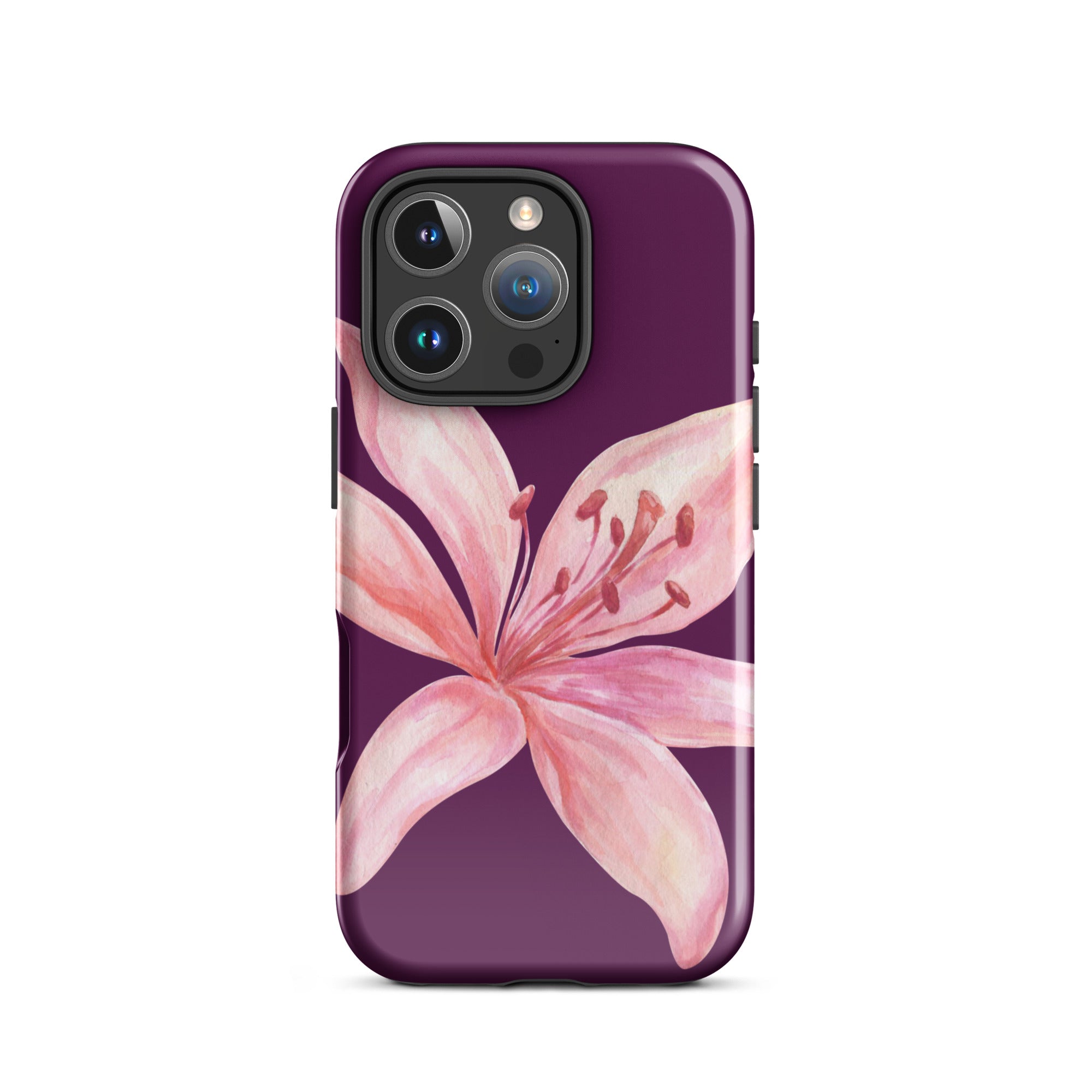 Tiger Lily Purple Pink iPhone Case - Dual Layer Protection With Polycarbonate Outer Shell featuring a pink lily design on purple background