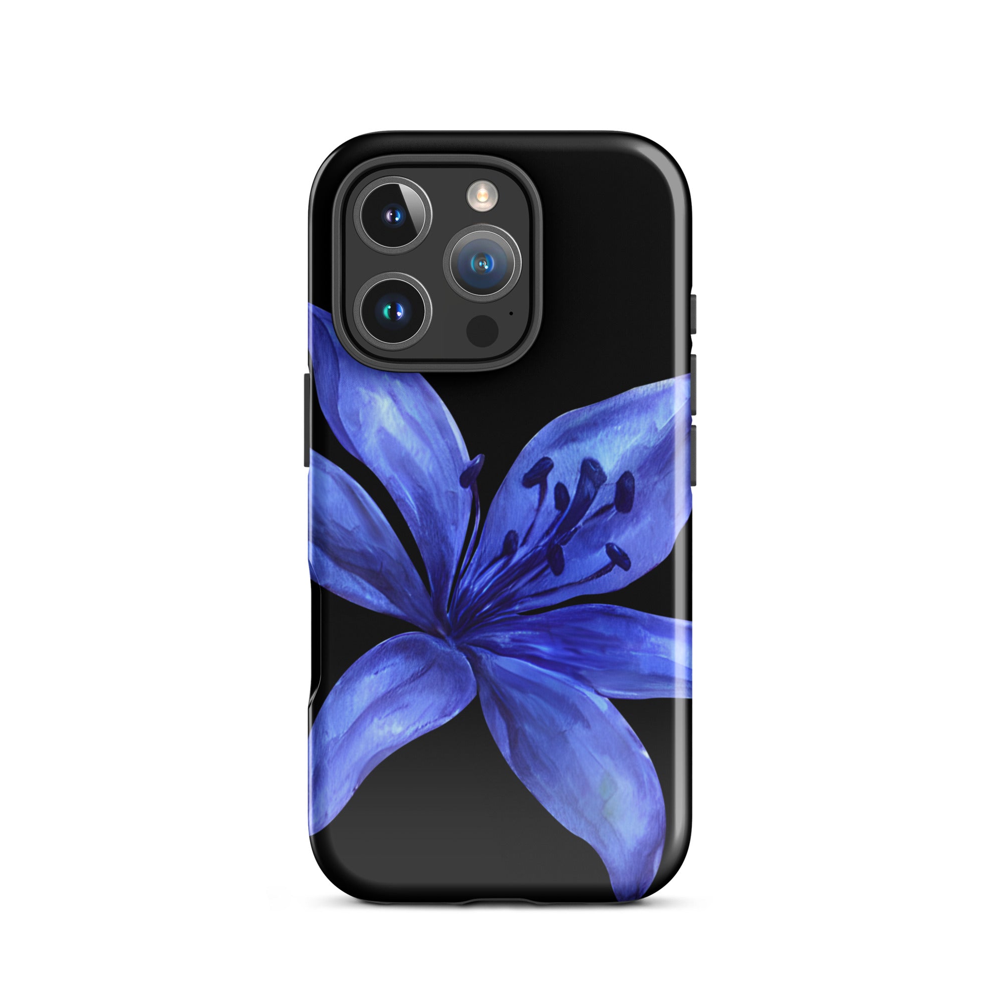 Blue and black tiger lily design on a dual-layer iPhone case with polycarbonate shell and TPU lining.