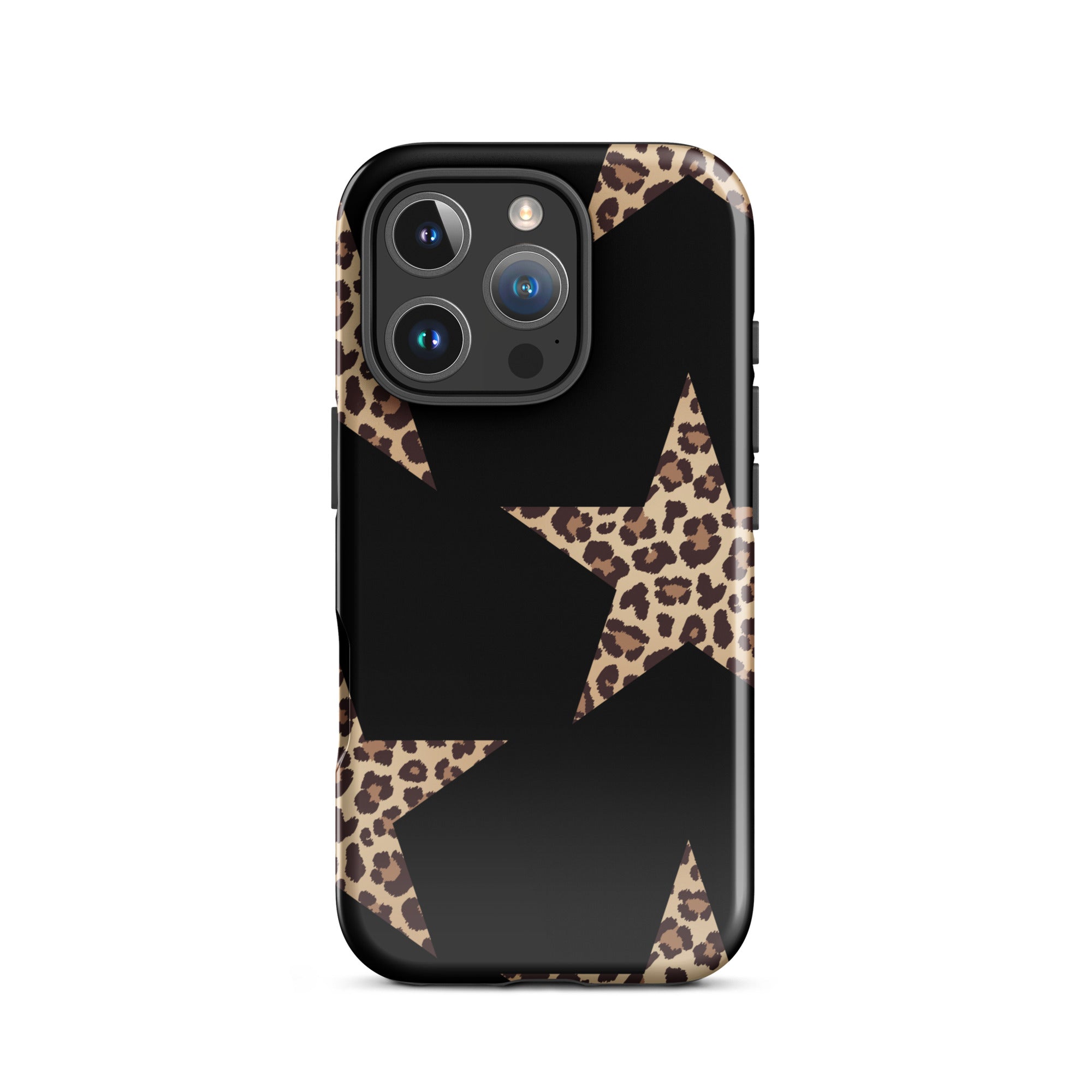 Black Cheetah Stars iPhone case featuring leopard-print star patterns and dual-layer protection.