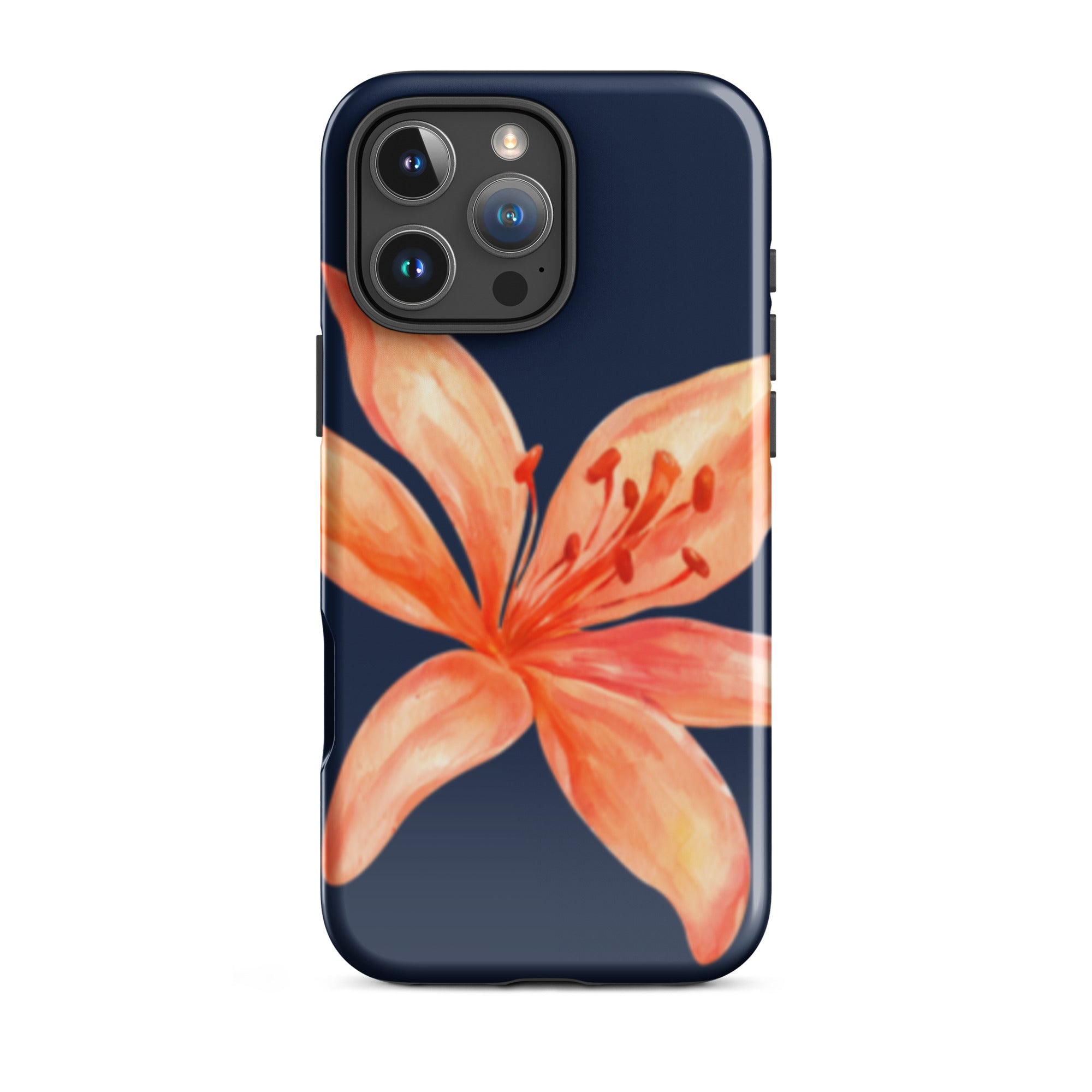 Coral Tiger Lily iPhone Case - Y2K Floral Navy With Glossy Or Matte featuring a bold orange flower on navy background