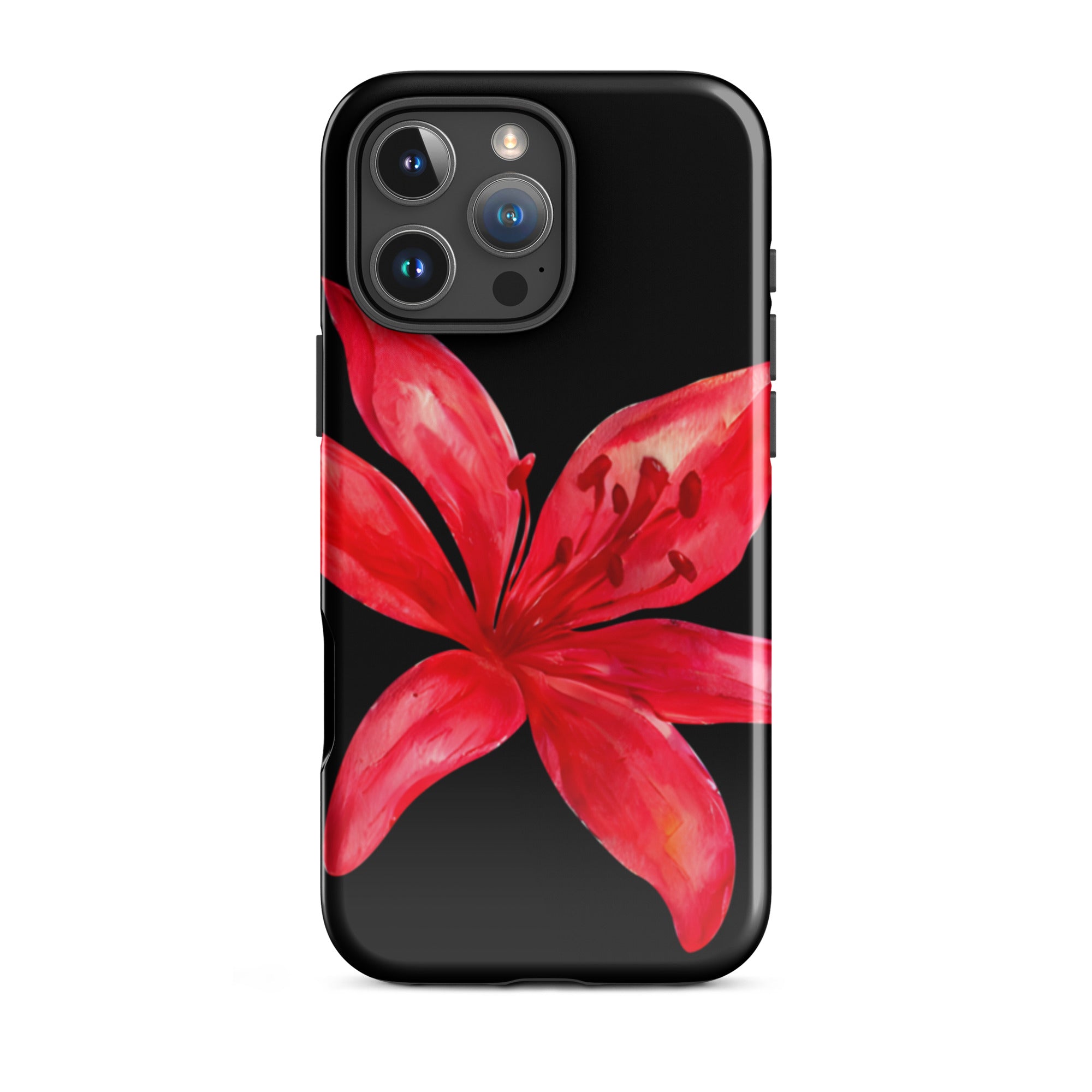 Red Tiger Lily IPhone Case - Y2K Floral Black Phone Case With Dual Layer Protection In Glossy Or Matte Finish displaying a vibrant red flower design