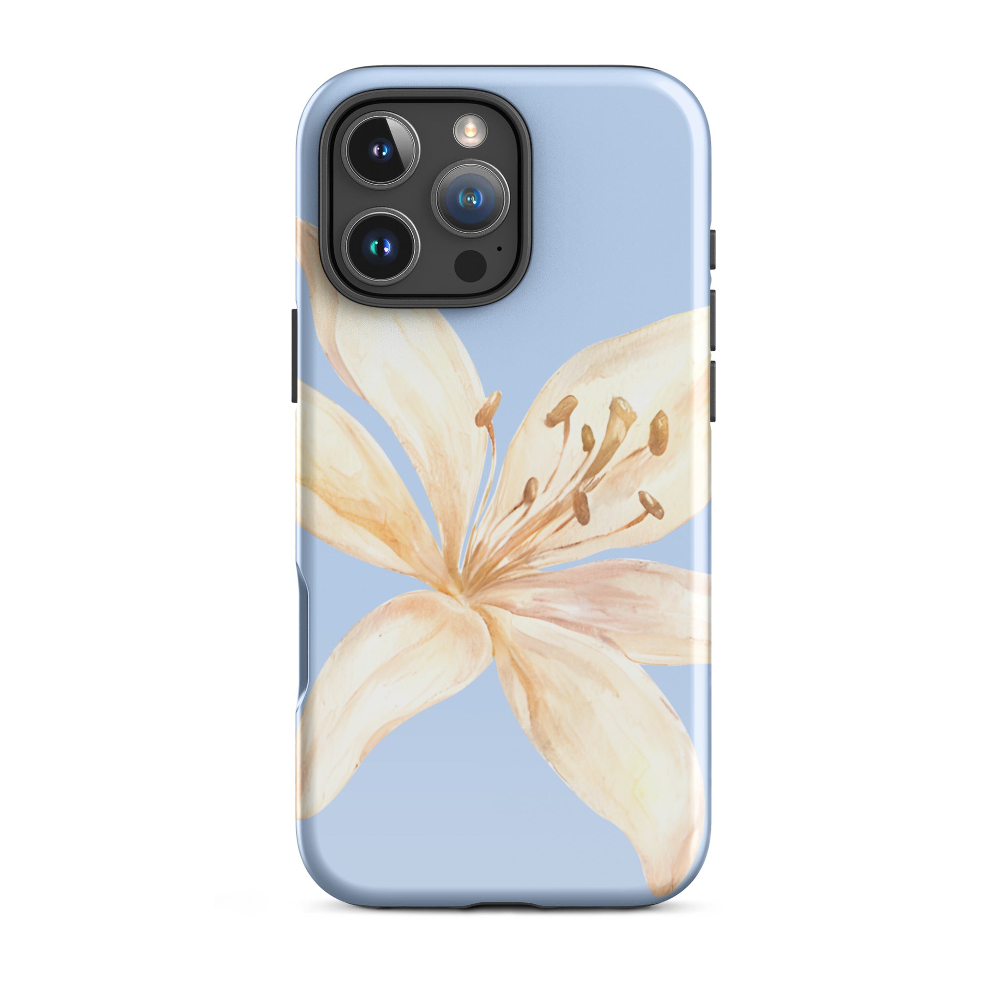 Sky Blue Off White Tiger Lily IPhone Case - Floral y2k preppy phone cover with a large beige lily design on blue background