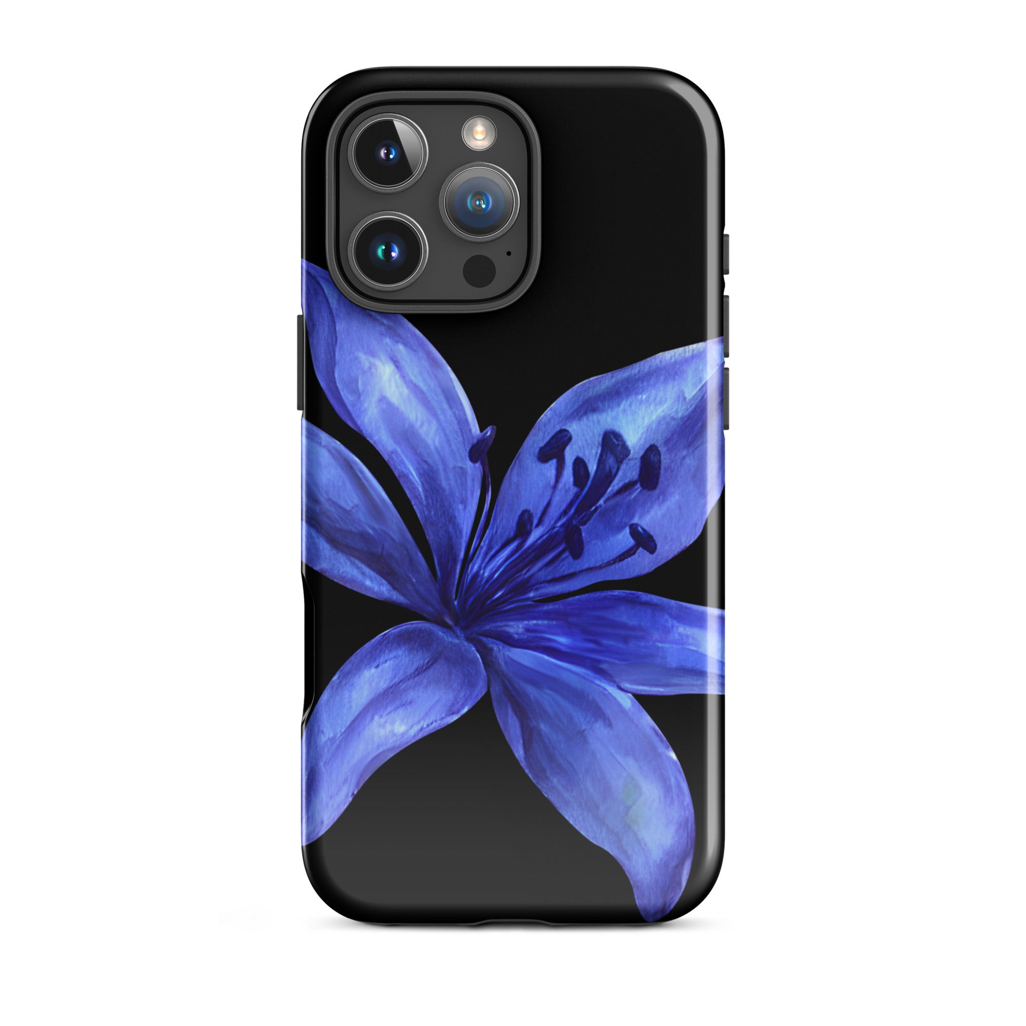 Blue tiger lily print on black dual-layer iPhone case with camera cutout.