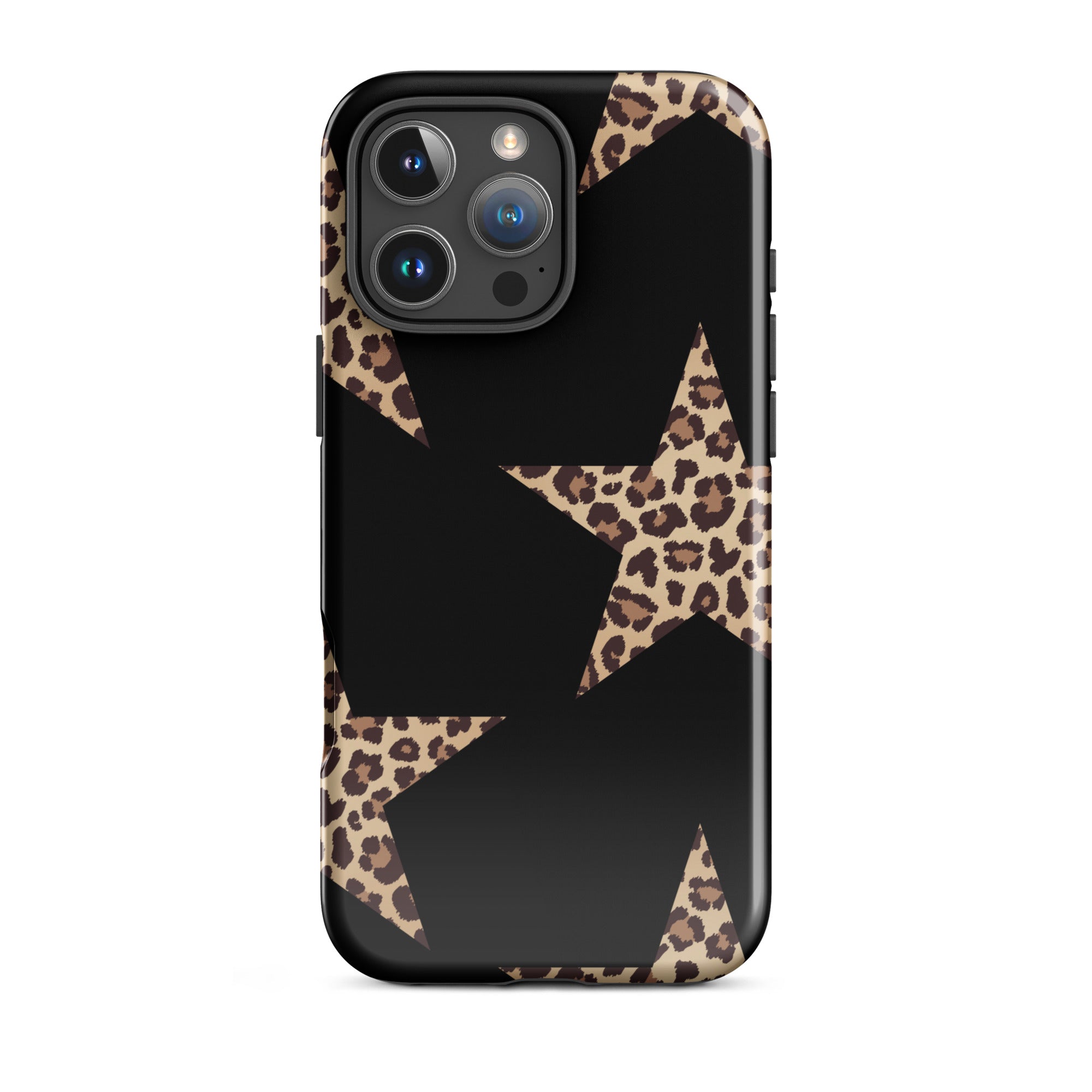 Black Cheetah Stars iPhone Case with leopard-star pattern and dual-layer protection.